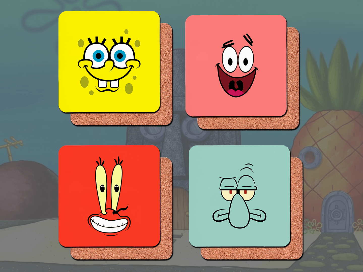 SpongeBob SquarePants Coasters Set of 4 - Cartoon Drink Coasters for Coffee Table, Bar & Home Decor - Perfect for Parties, Gifts & Anime Fans