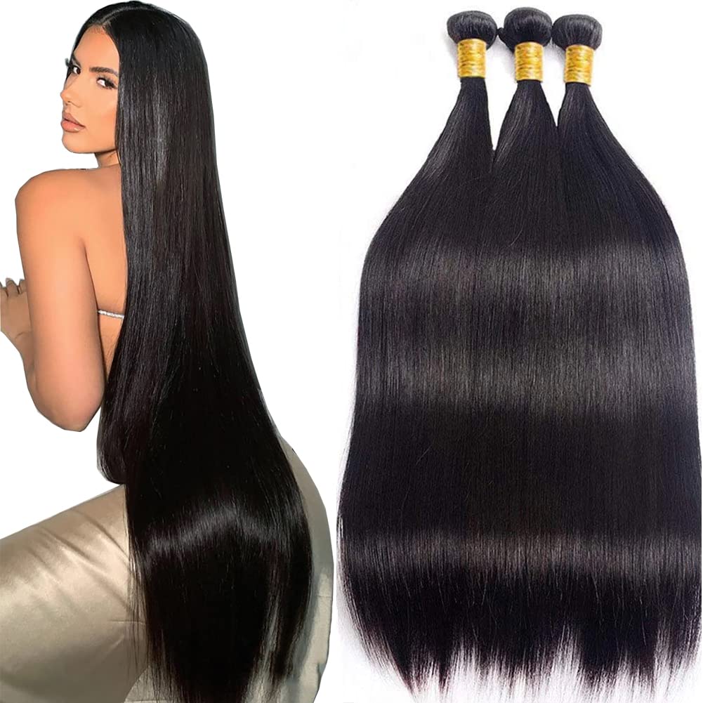 Brazilian Straight 100% Human Hair Bundles 28 30 32 Inch - 3 Bundles Unprocessed Virgin Hair Weave 12A Grade Natural Black Hair Extensions for Women | Perfect for Daily Styling, Parties & Special Occasions