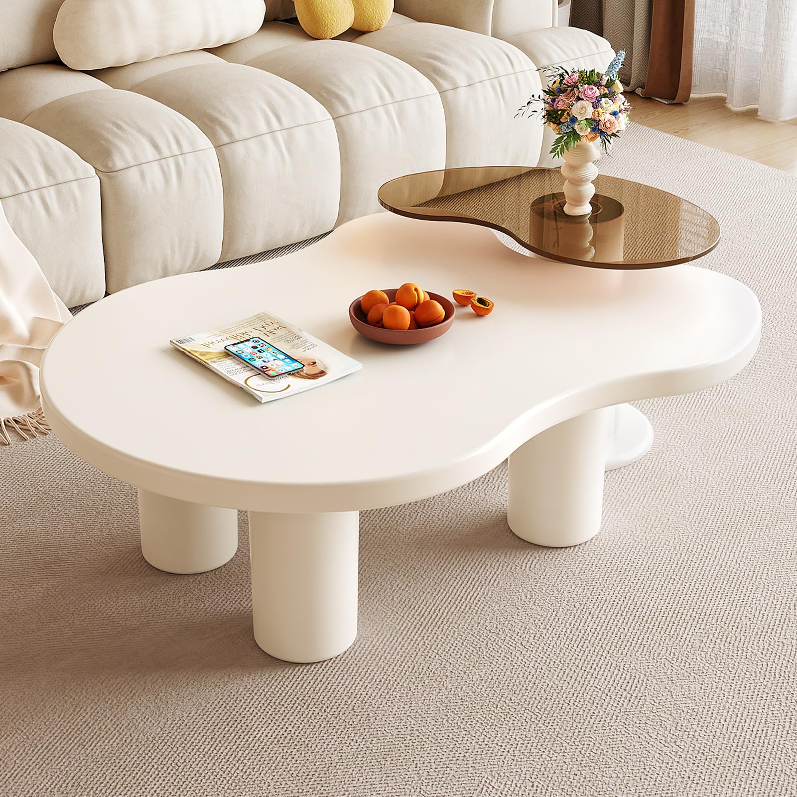 Modern 2-in-1 Nesting Cloud Coffee Table Set - Cream White Living Room & Round Side Table - Space Saving Design for Small Apartments & Cozy Homes - Easy Assembly Coffee & End Tables for Stylish Living Spaces