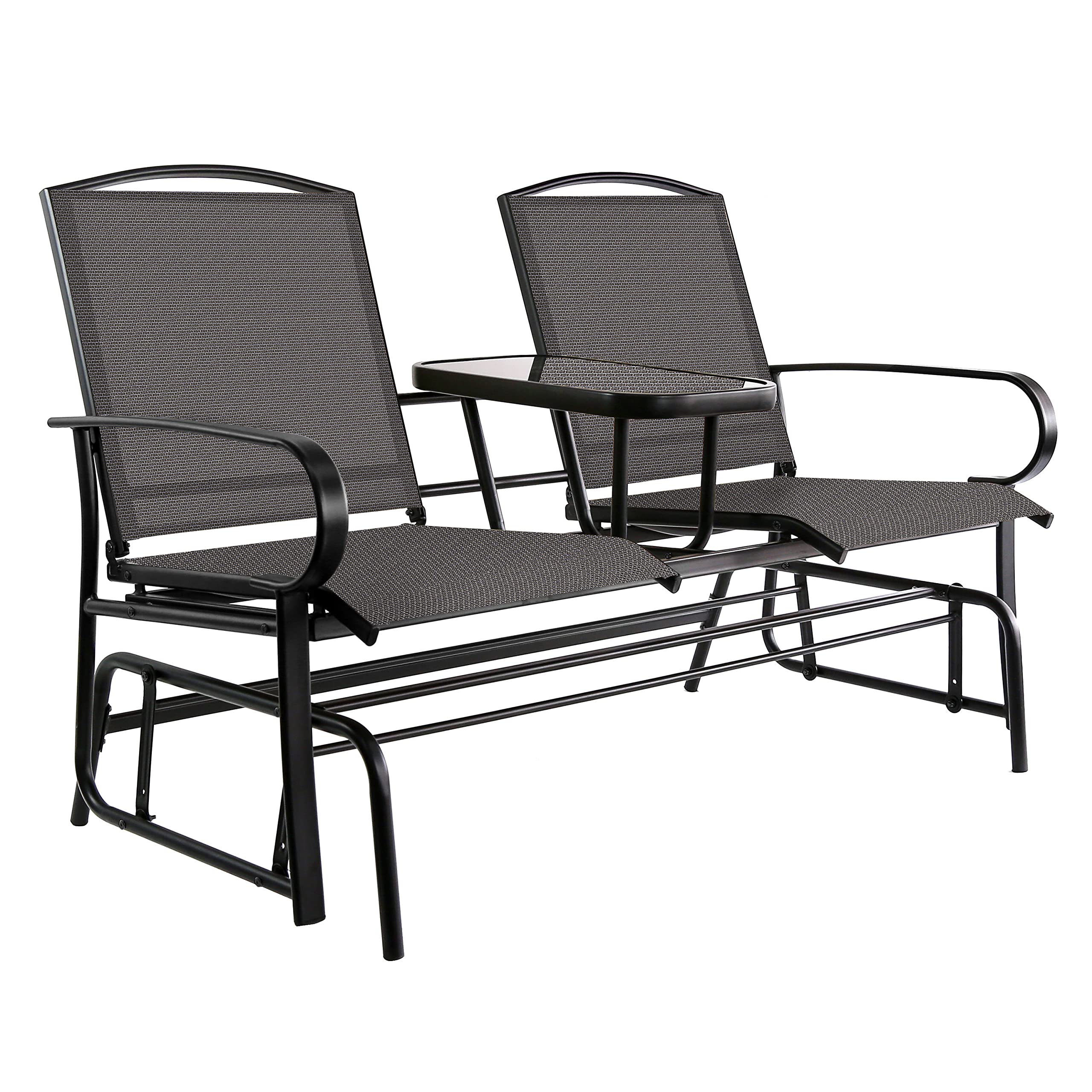 Amazon Basics 2-Person Outdoor Patio Glider Chair with Textilene Fabric & Tempered Glass Table - Black - Perfect for Backyard, Garden, Deck or Poolside Relaxation
