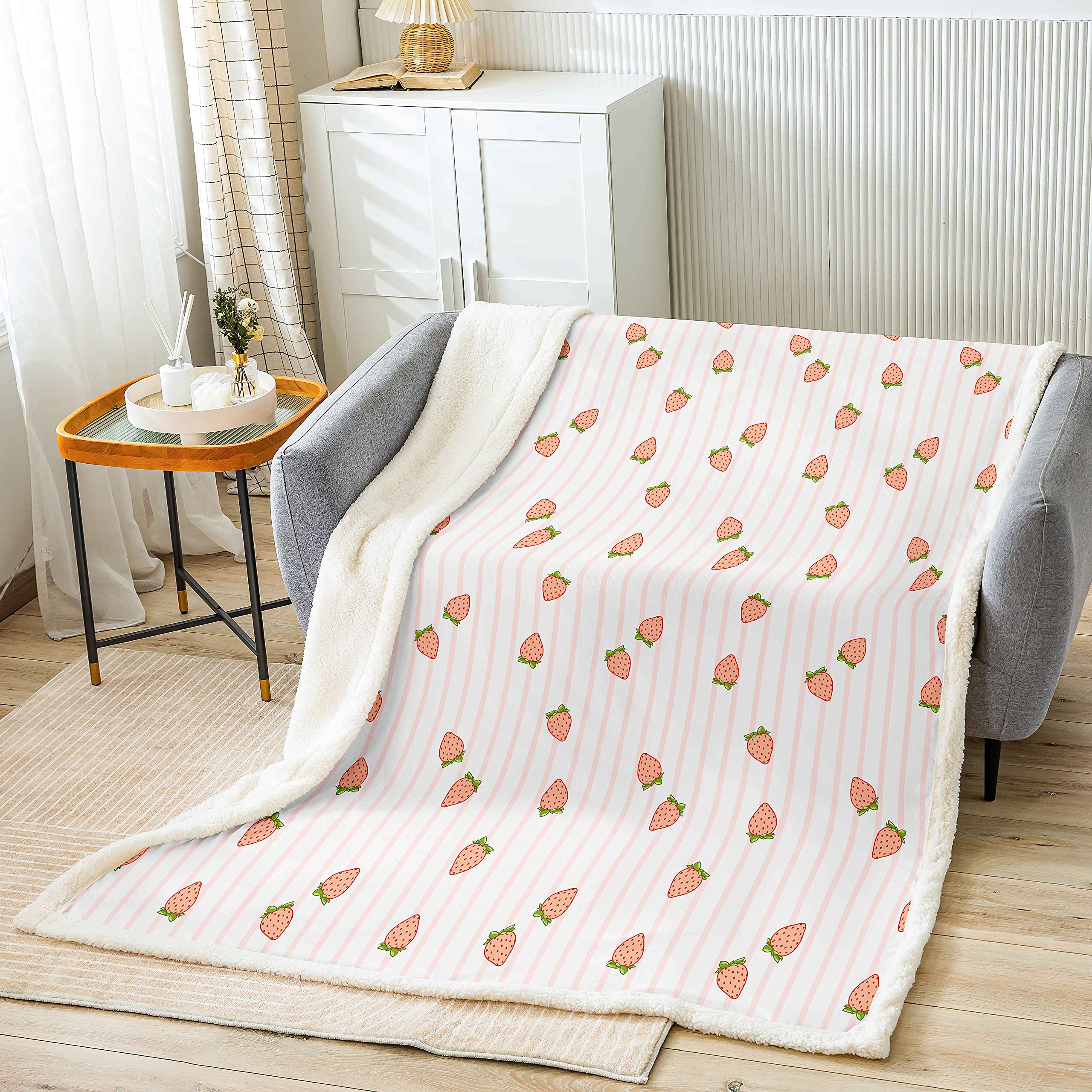Feelyou Strawberry Print Sherpa Fleece Blanket - Soft Kawaii Fruit Design for Girls, Teens & Kids - Pink Stripe Warm Fuzzy Throw (90
