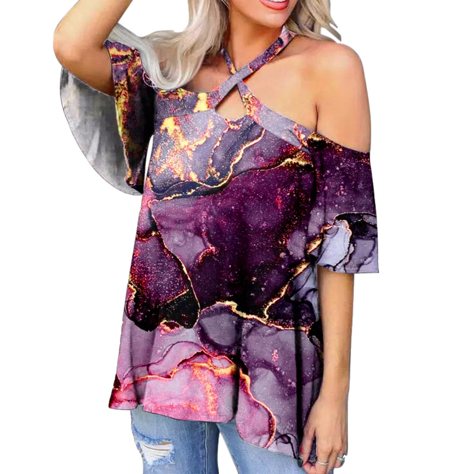 Women's Sexy Cross Halter Neck Off-Shoulder Short Sleeve Printed Tunic Top - Summer Casual Elegant Blouse for Beach, Party & Date Night