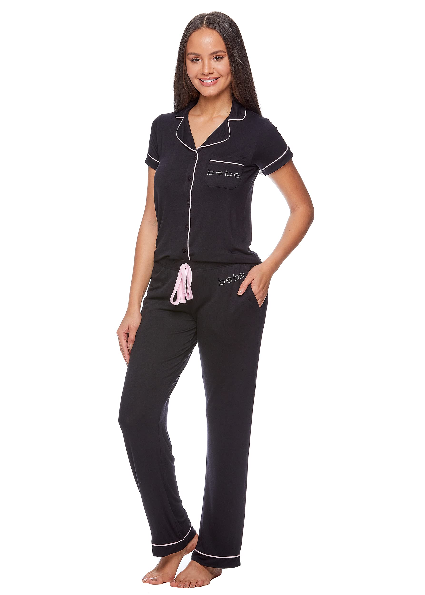 bebe Women's Button Down Short Sleeve Shirt & Pajama Pants Lounge Sleep Set - Soft Cotton Comfy Loungewear for Sleep, Relaxing at Home, and Travel