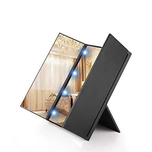 LED Tri-Fold Makeup Mirror with Adjustable Stand - Portable Travel Cosmetic Mirror with Lights, Black Compact Vanity Mirror for Home, Dorm & Travel - Perfect for Makeup Application, Skincare & On-the-Go Touch Ups
