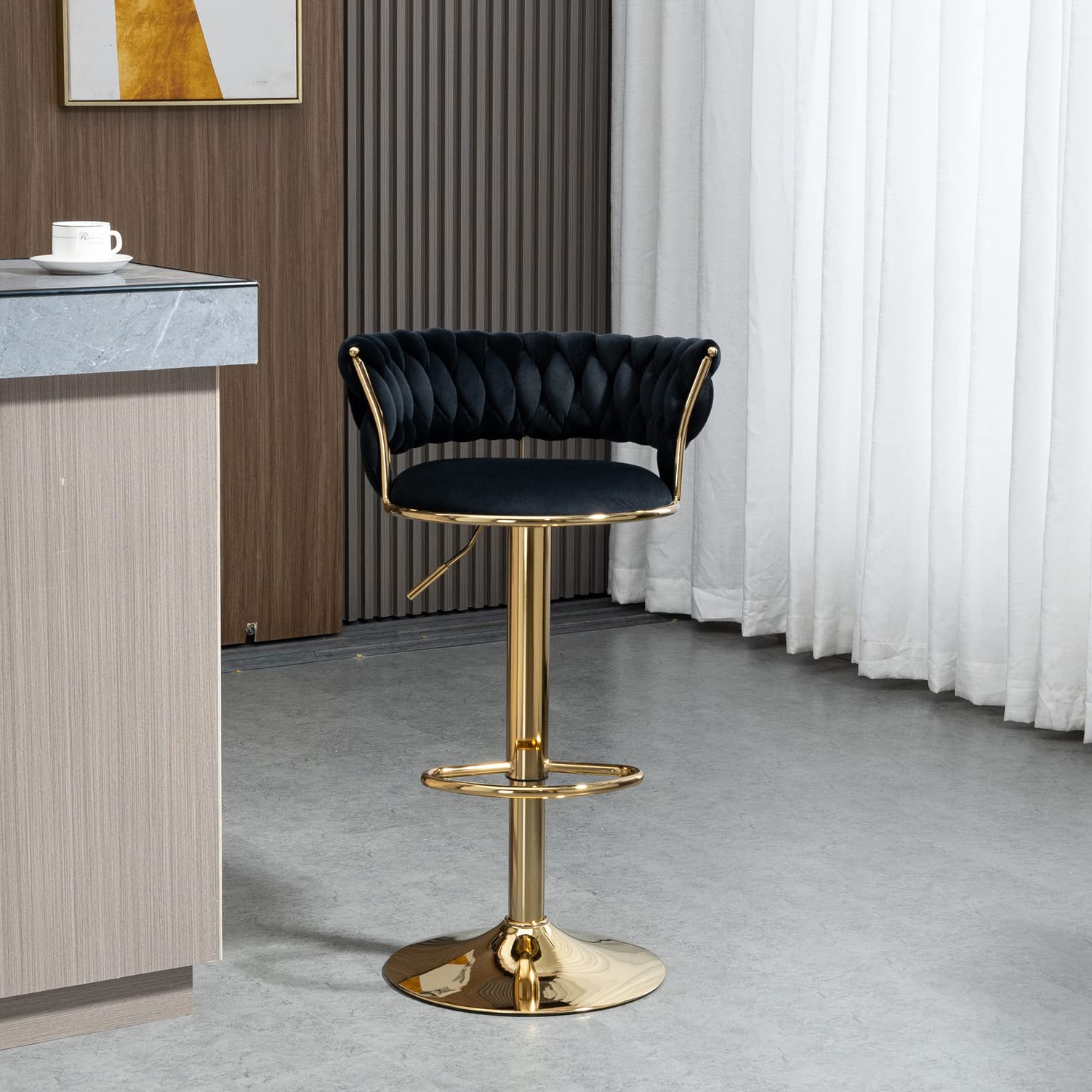 Velvet Swivel Bar Stool - Adjustable Counter Height Barstool with Woven Back, Upholstered Modern Kitchen Dining Chair for Home, Cafe, Pub & Bar Counter - Perfect for Kitchen Island, Breakfast Nook & Entertainment Areas (Black)