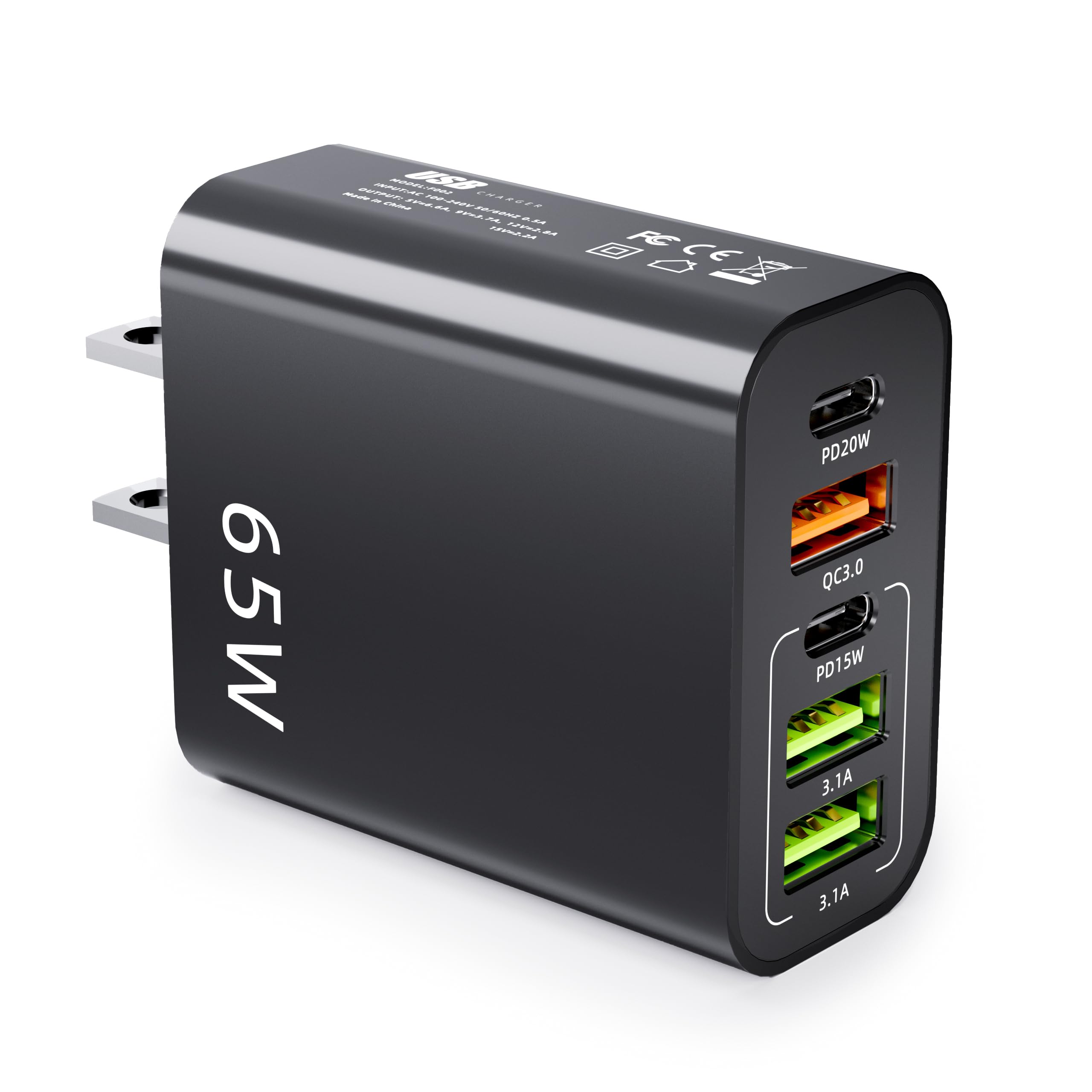 65W USB C Wall Charger with 5 Ports - Fast Charging Block with PD & QC 3.0 - Dual USB C Ports for iPhone 14/13/12/11 Pro Max/XS/XR/8/7, iPad, Samsung Galaxy & Tablets - Compact Travel Charger for Home, Office & Car (Black)