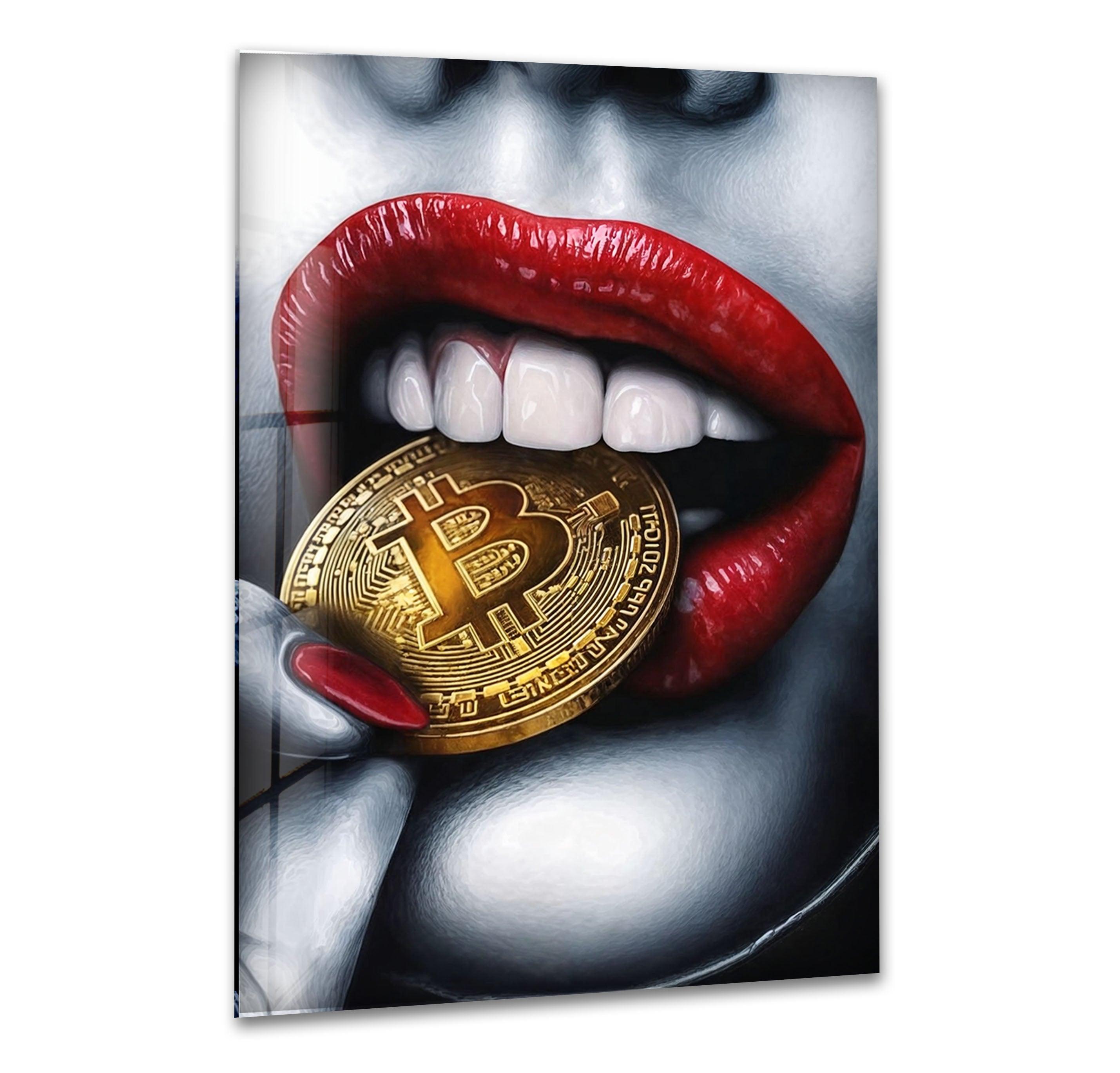 Bitcoin & Red Lips Glass Wall Art - Modern Crypto Themed Home Decor for Living Room, Bedroom or Office - Unique Gift Idea for Bitcoin Enthusiasts