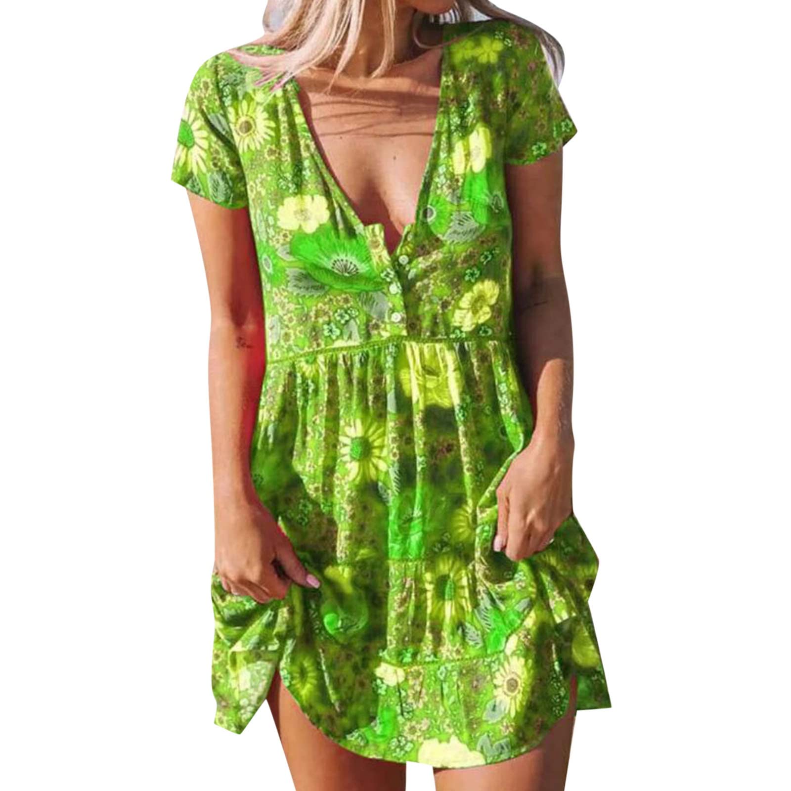 GTMANG Women's Summer Wrap Dress - Bohemian Floral Print, Ruffle Hem, Short Sleeve V-Neck Beach Dress for Vacation, Party & Casual Wear