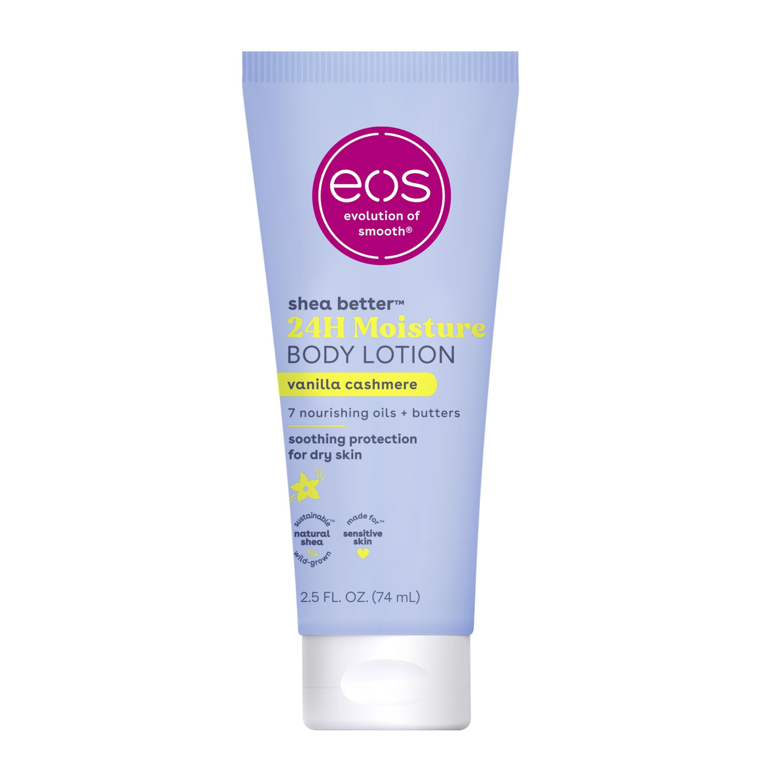 EOS 24H Moisture Travel Body Lotion - Vanilla Cashmere Scent, 2.5 fl oz Mini Lotion for Dry Skin | Hydrating & Nourishing Formula | Perfect for Travel, Gym Bag, Office & On-The-Go Moisturizing