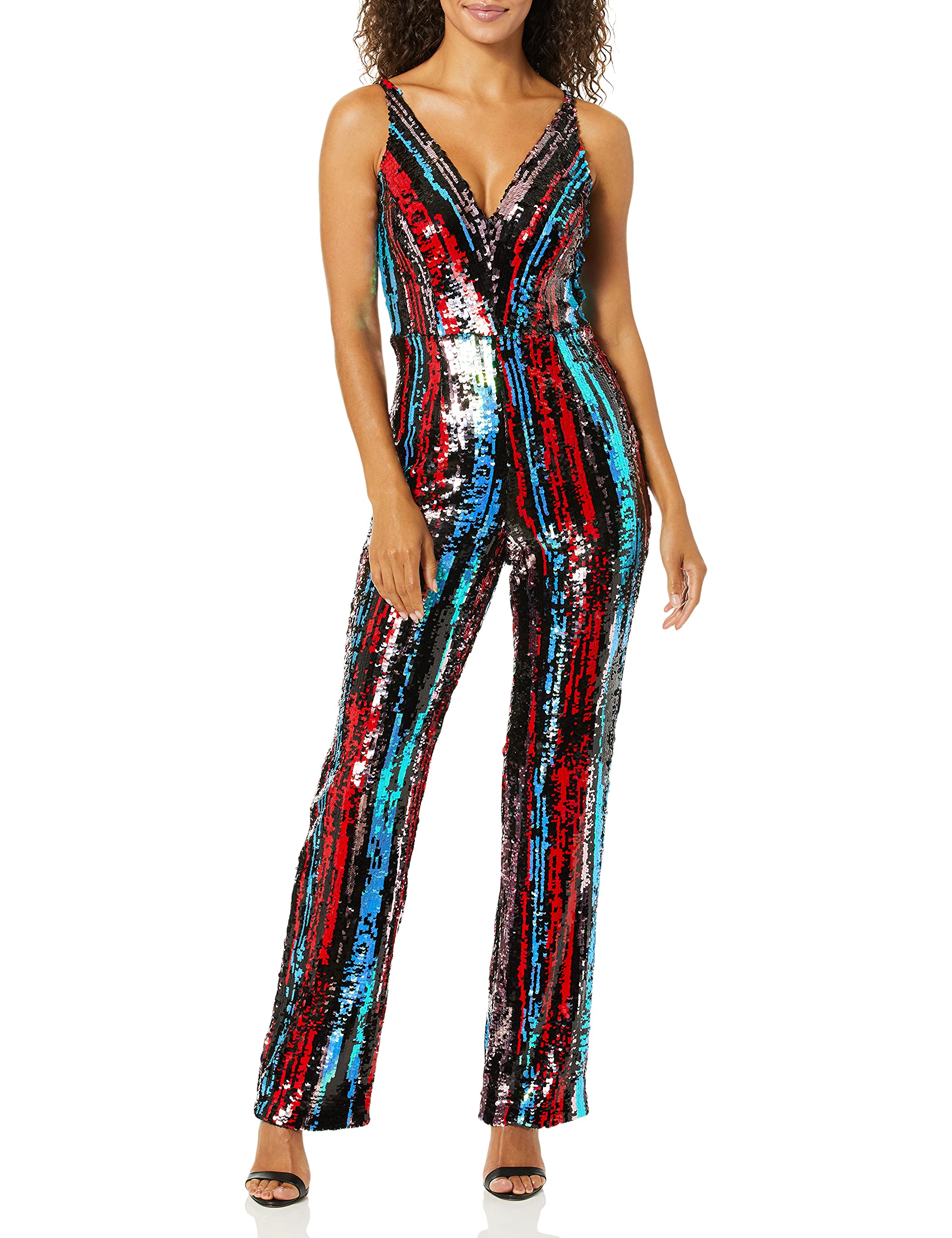 Dress the Population Women's Charlie Plunging Sequin Sleeveless Jumpsuit - Elegant Party Outfit for Evening Events, Weddings & Special Occasions