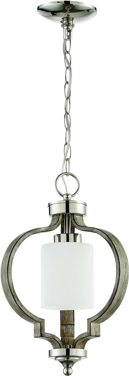12W Jasmine 1 Light Pendant Light in Polished Nickel & Weathered Fir - Modern Farmhouse Ceiling Fixture for Kitchen Island, Dining Room, or Entryway Lighting