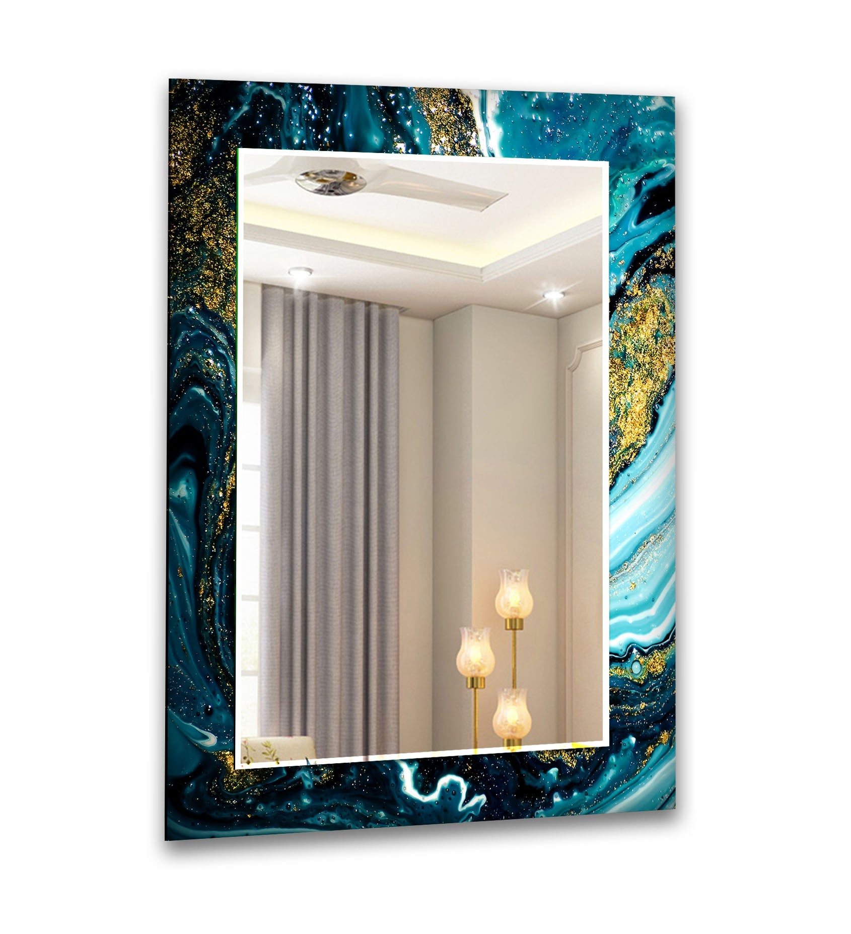 Blue and Gold Marble Wall Mirrors - Elegant Home Decor for Living Room, Bedroom, Bathroom & Entryway | Stylish Round Mirror with Metallic Frame for Modern Interior Design