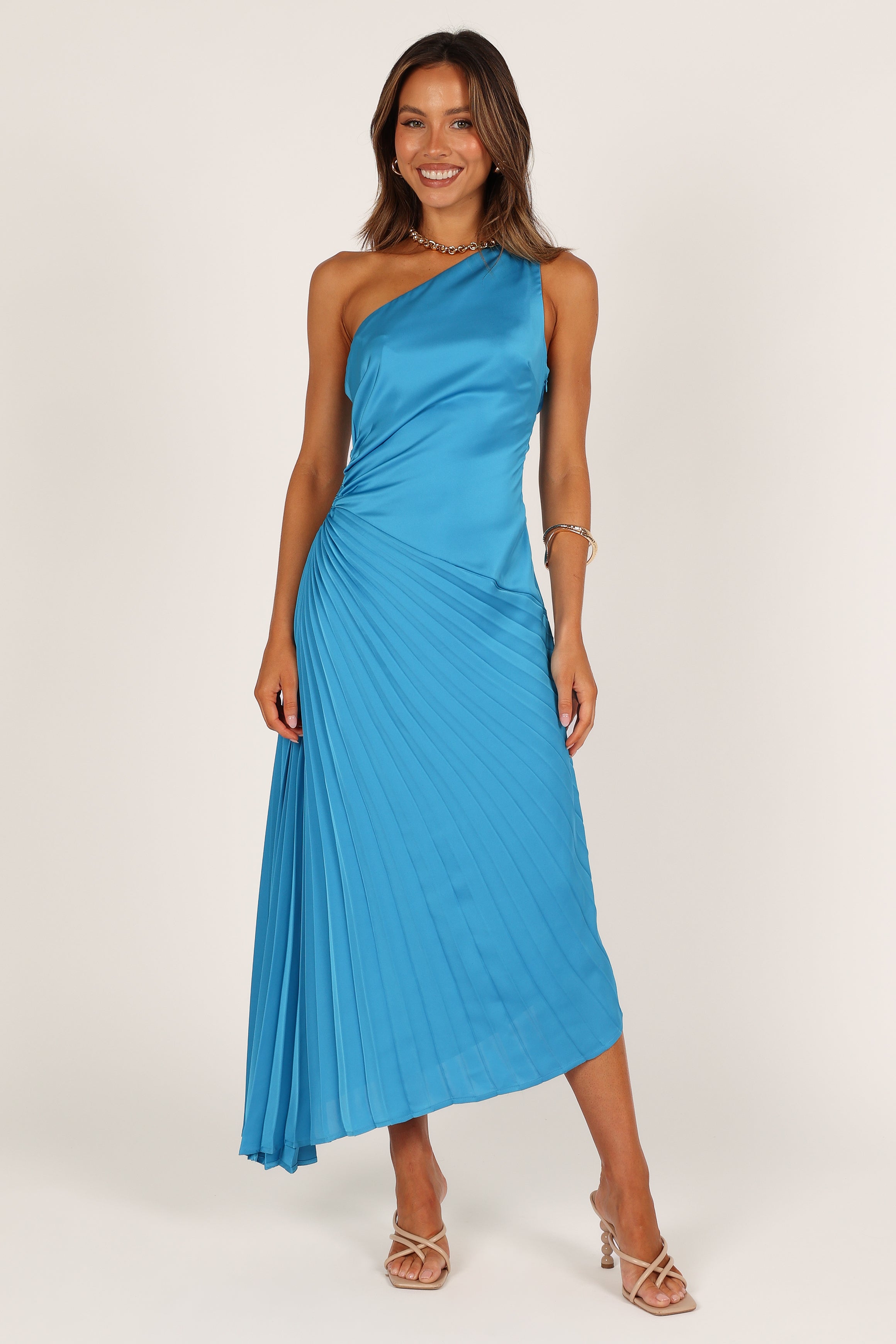 Flin Pleated One Shoulder Midi Dress in Blue - Elegant Cocktail Party & Summer Wedding Guest Dress