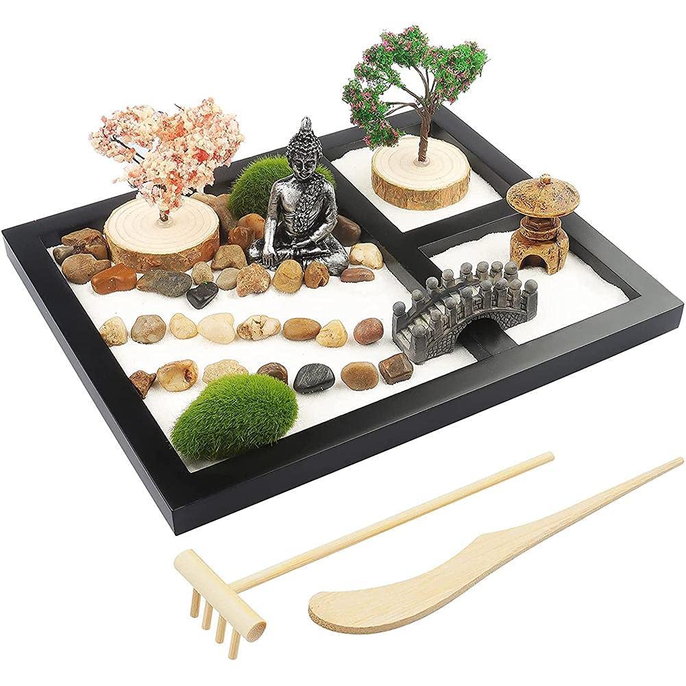 Mini Japanese Zen Garden for Desk - Desktop Zen Garden Kit with White Sand, Artificial Bonsai Tree, Rocks & Rake - Office Table Accessories for Meditation, Stress Relief & Home Decor - Perfect for Office Desk, Home Office & Relaxation Spaces