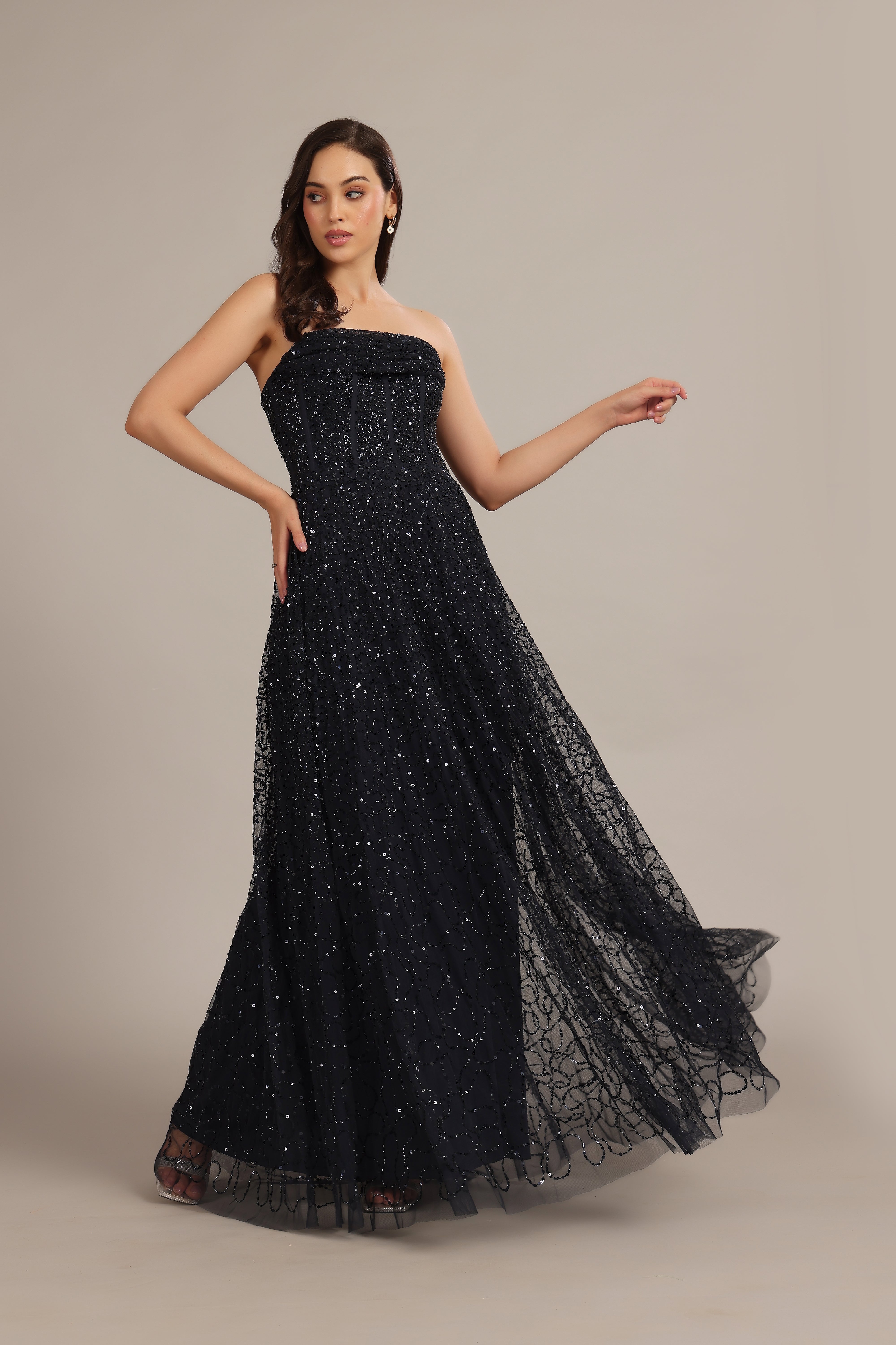Leona Navy Blue Embellished Maxi Dress for Women - Elegant Evening Gown for Weddings, Parties & Special Occasions