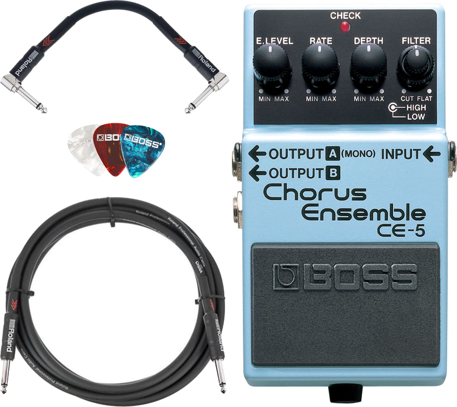 Boss CE-5 Chorus Ensemble Pedal Bundle with Roland 10ft Guitar Cable & 6in Patch Cable - Includes Picks for Guitarists & Musicians - Perfect for Live Performances, Studio Recording & Practice Sessions