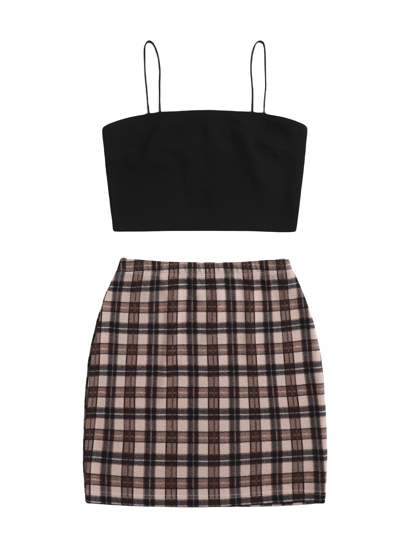 Stylish Women's 2 Piece Outfit Set - Crop Cami Tank Top & Plaid Short Skirt | Casual Summer Outfit for Beach, Party & Date Night