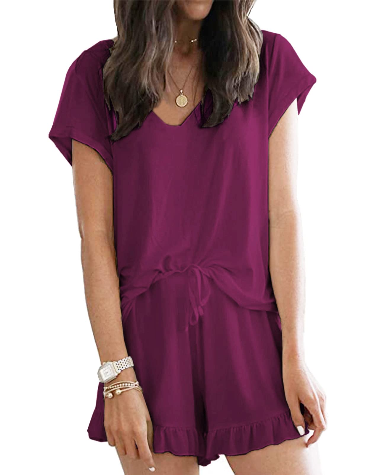 LuckyMore Women's Soft Short Sleeve V-Neck Pajama Set - Comfy Lounge Sleepwear with Casual Shorts for Summer Nights & Relaxing at Home