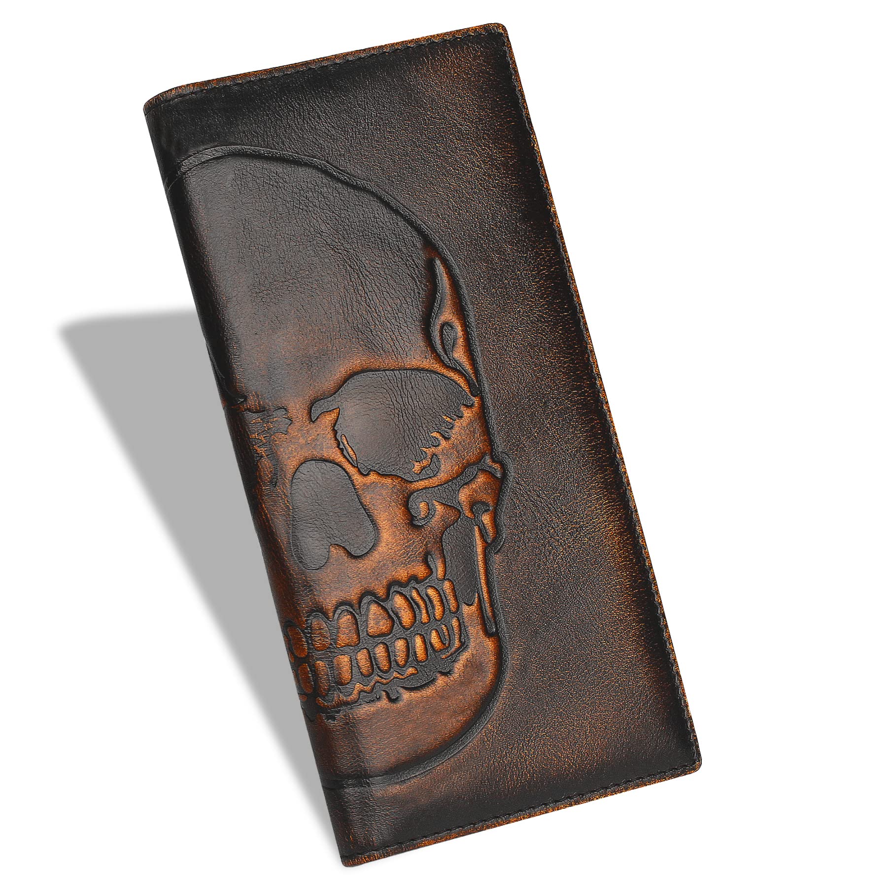 DK86 Men's Skull Bifold Wallet - Full Grain Leather RFID Blocking Hand Burnished Rodeo Style Wallet for Everyday Use & Travel Accessories