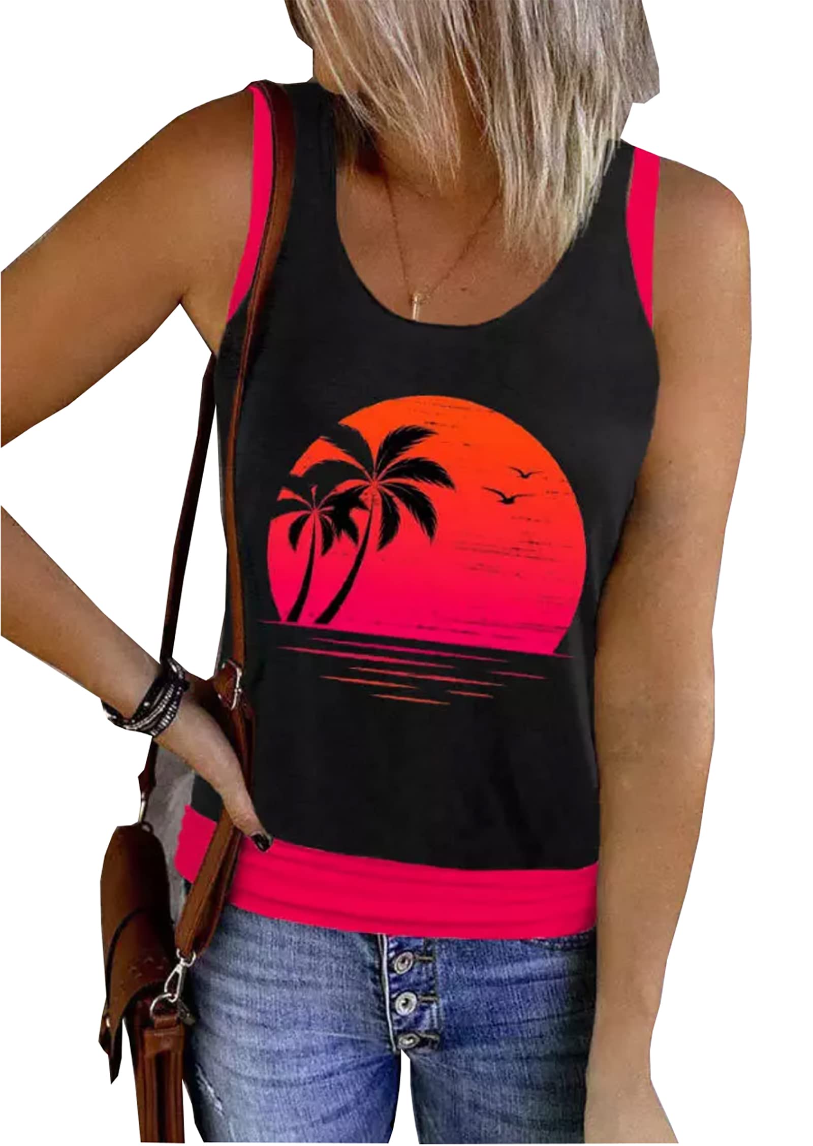 LLHXRUI Women's Coconut Tree Print Two-Piece Tank Top Set - Summer Beach Vacation Sleeveless Graphic Tee & Vest Outfit for Pool Party, Tropical Getaway