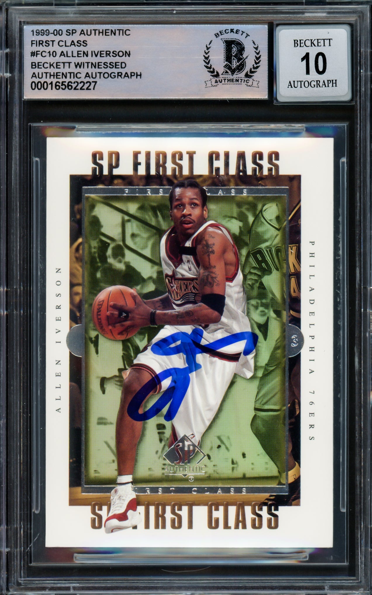 Allen Iverson Autographed 1999-00 SP Authentic First Class #FC10 Basketball Card - Philadelphia 76ers - Beckett BAS Gem Mint 10 Grade - Witnessed #16562227 - Perfect for NBA Memorabilia Collectors & Sports Fans Display