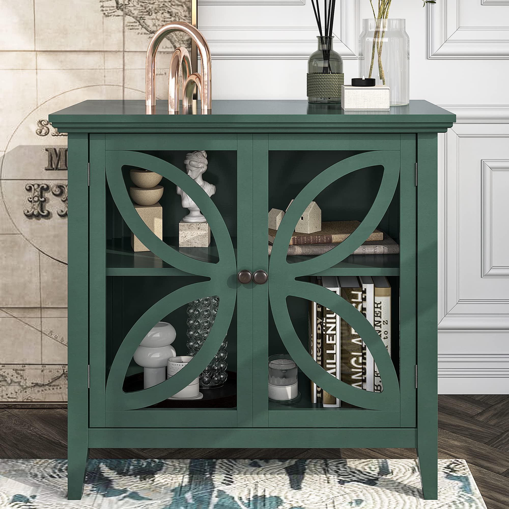 Knocbel Navy Green Accent Storage Cabinet - 2 Glass Doors, Adjustable Shelf, Entryway Hallway Furniture - 32