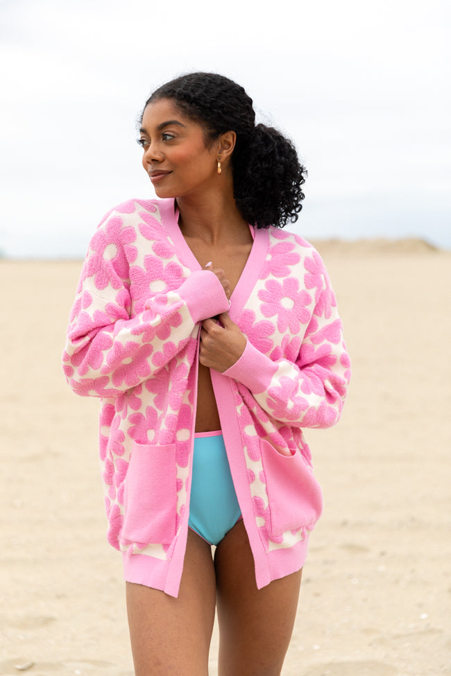 Stylish Pink Floral Print Terry Cloth Cardigan for Women - Soft & Comfortable Lightweight Cover-Up - Perfect for Spring, Summer, Beach, and Casual Outfits