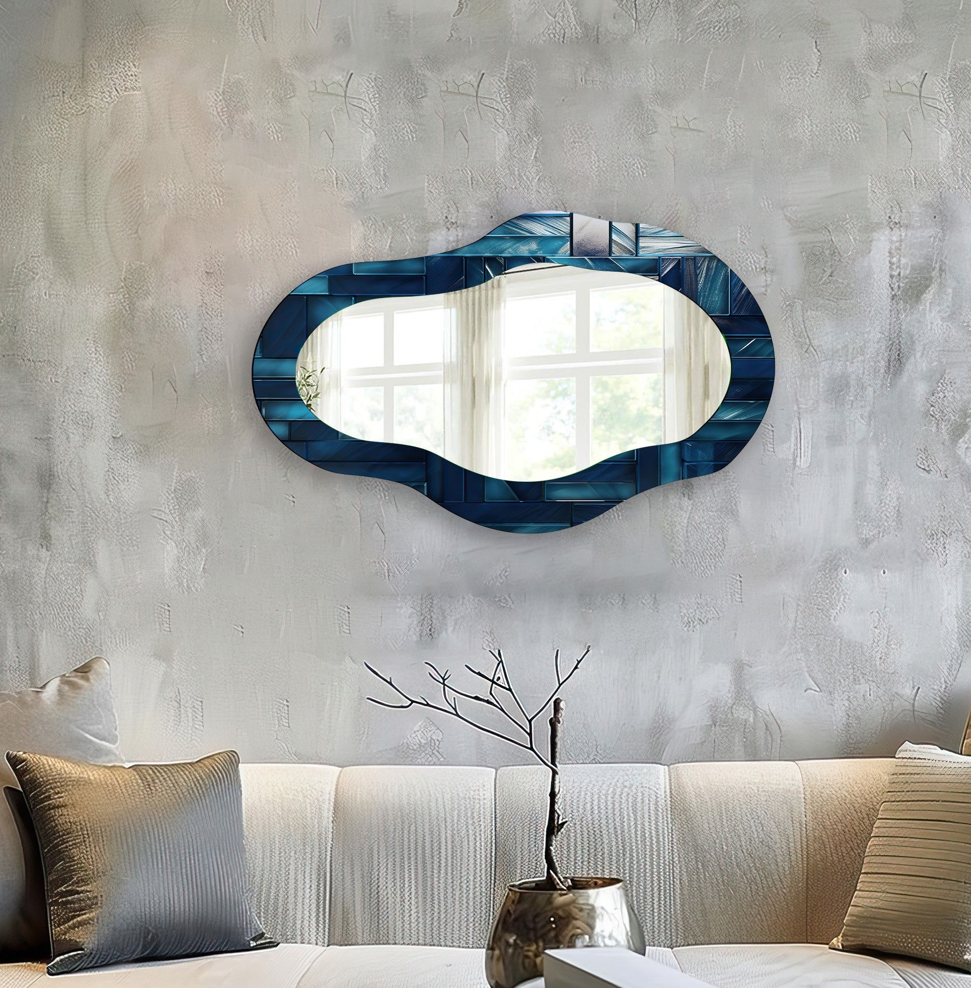 Blue Stained Abstract Asymmetric Wall Mirror - Modern Decorative Mirror for Living Room, Bedroom & Entryway - Unique Handcrafted Home Decor