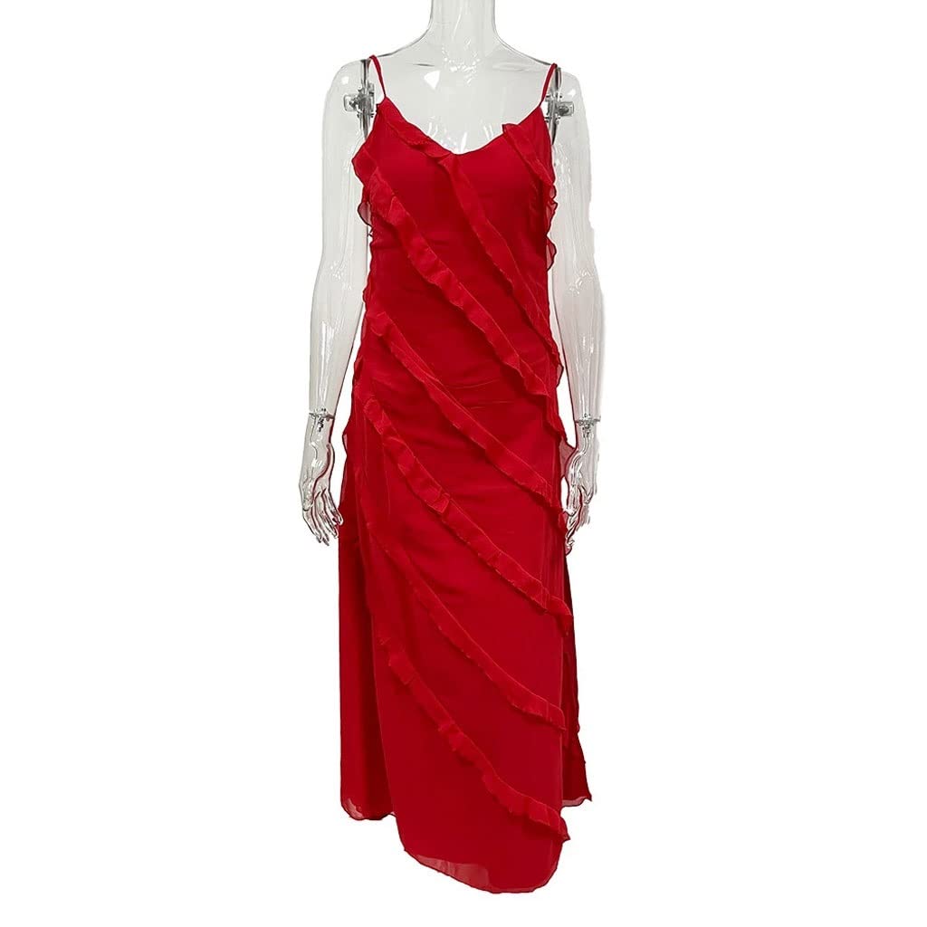Elegant V-Neck Backless Maxi Dress for Women - Sexy Ruffled Sleeveless Bodycon Party Dress (Red, Small) | Perfect for Summer Nights, Club Outings & Special Occasions