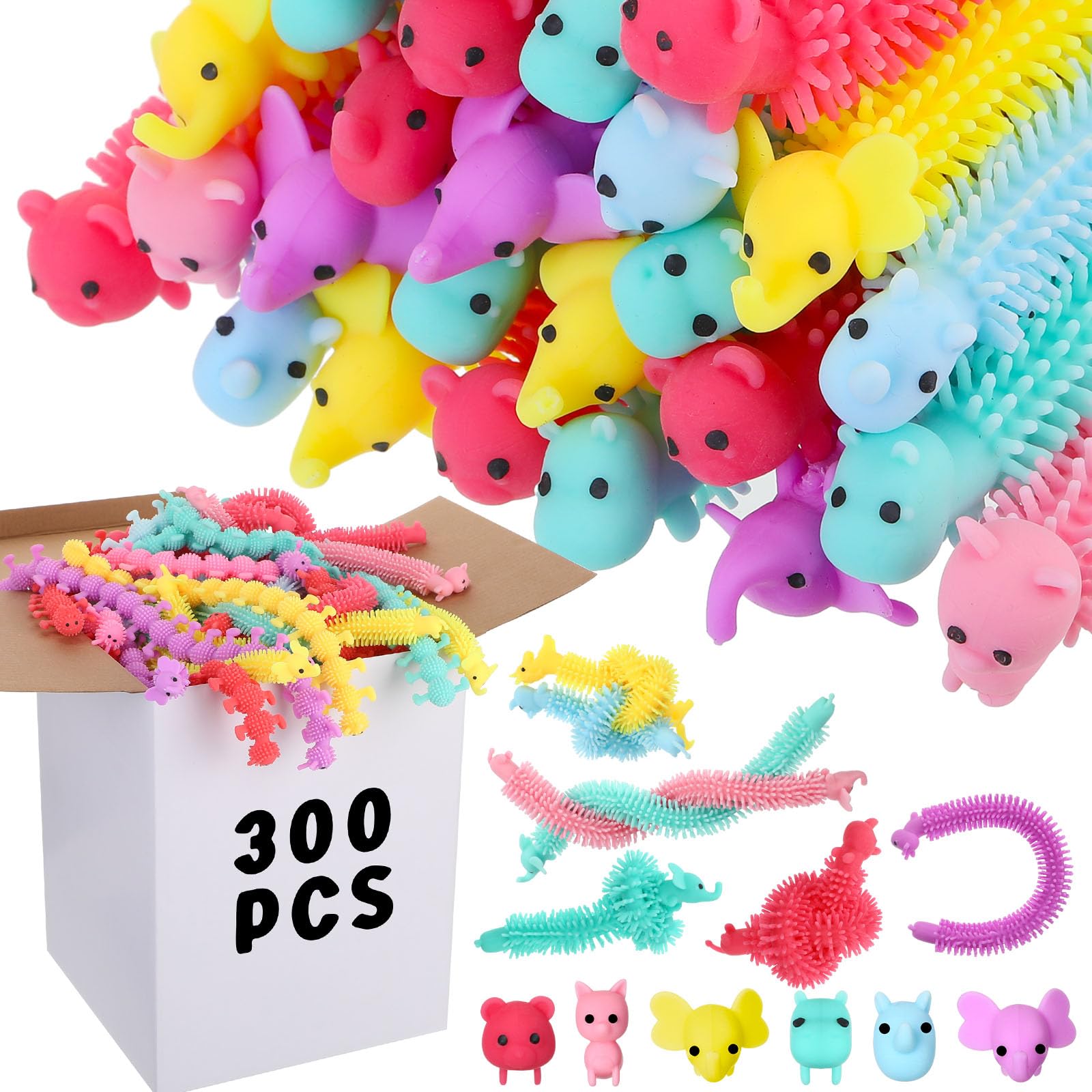 Chivao Bulk Stretchy String Fidget Toys - 100 Pack Animal Sensory Toys for Adults & Kids - Stress & Anxiety Relief, Relaxing Party Favors - Perfect for Classroom, Office, Travel & Sensory Play