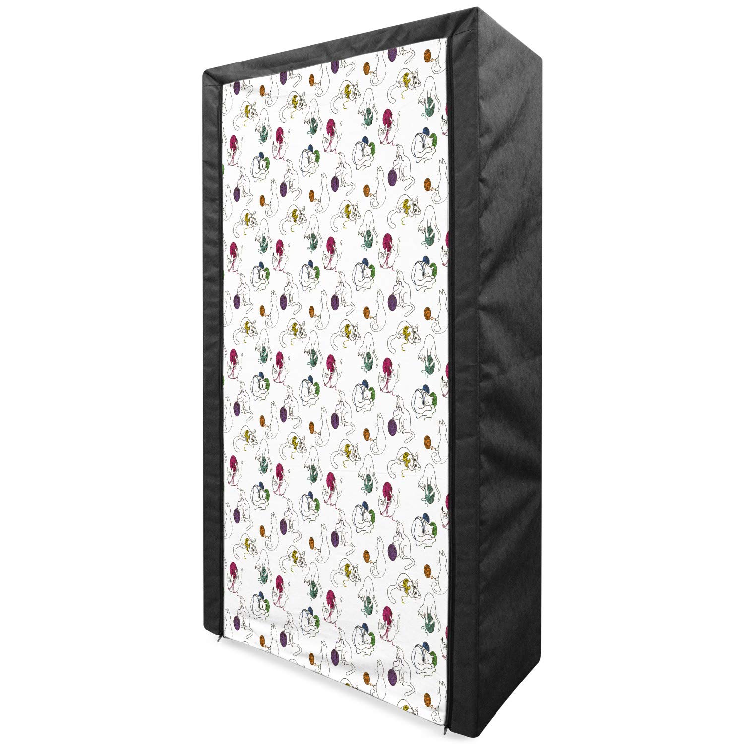 Ambesonne Cat Fabric Wardrobe - Funny Hand-Drawn Cats Playing with Yarn Balls | Portable Clothing Organizer with Shelves (33.5 Inch, Multicolor) | Perfect for Pet Lovers' Bedroom & Closet Storage