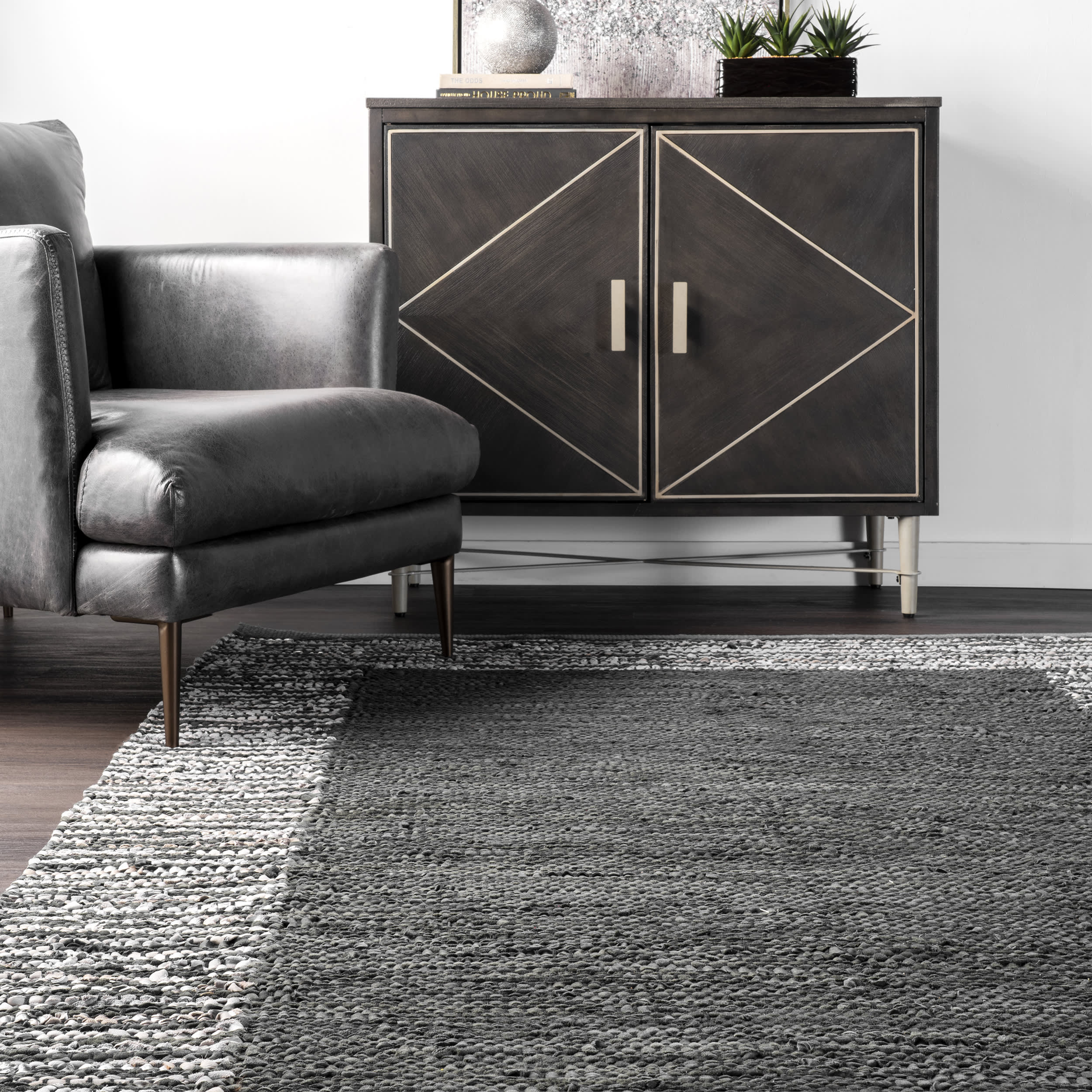 Handwoven Striped Border Leather Rug - Grey | Boho Chic Home Decor for Living Room, Bedroom & Office | Soft & Durable Area Rug