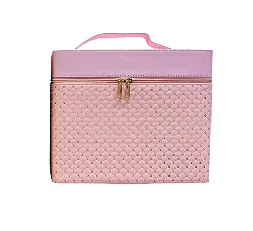 SYFER 4-Layer Foldable Travel Makeup Organizer with Mirror - Light Pink for Jewelry & Cosmetics Storage
