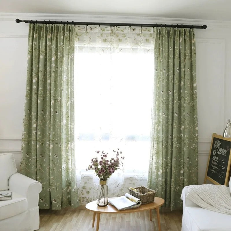 Astor American Country Garden Birds Print Semi-Sheer Curtains - Green | Light Filtering Window Treatments for Living Room & Bedroom