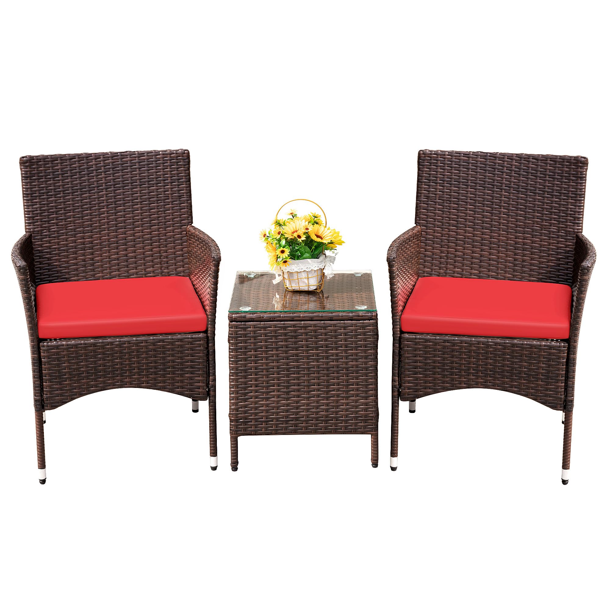 Devoko 3-Piece PE Rattan Wicker Patio Furniture Set - Outdoor Garden Chairs with Table in Brown/Red - Perfect for Porch, Backyard, Poolside & Terrace Relaxation