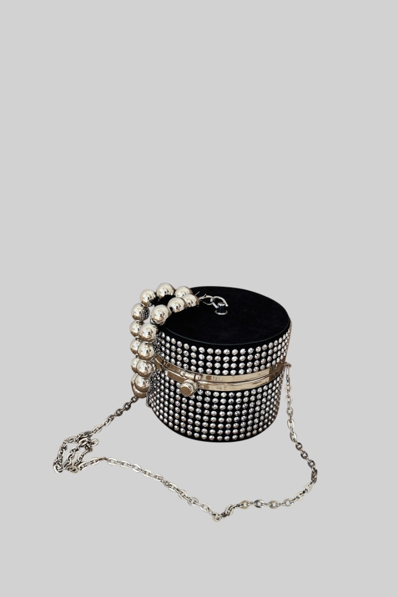 Elegant Silver Circular Metallic Bag with Stones and Pearls - Perfect for Evening Parties, Weddings & Special Occasions