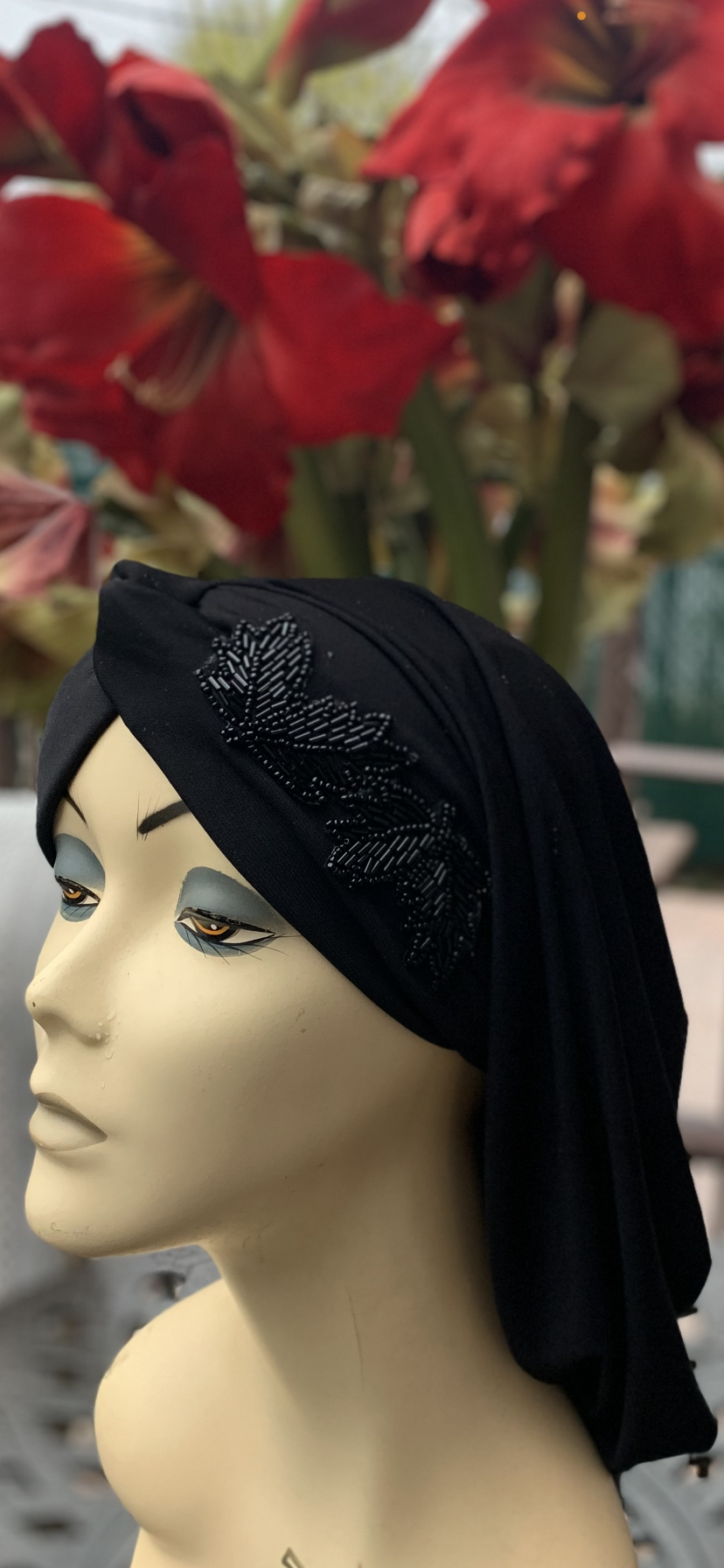 Black Snood with Appliqué - Stylish Black Hijab with Elegant Design - Premium Black Turban - Made in USA by Uptown Girl Headwear - Perfect for Daily Wear, Special Occasions & Modest Fashion