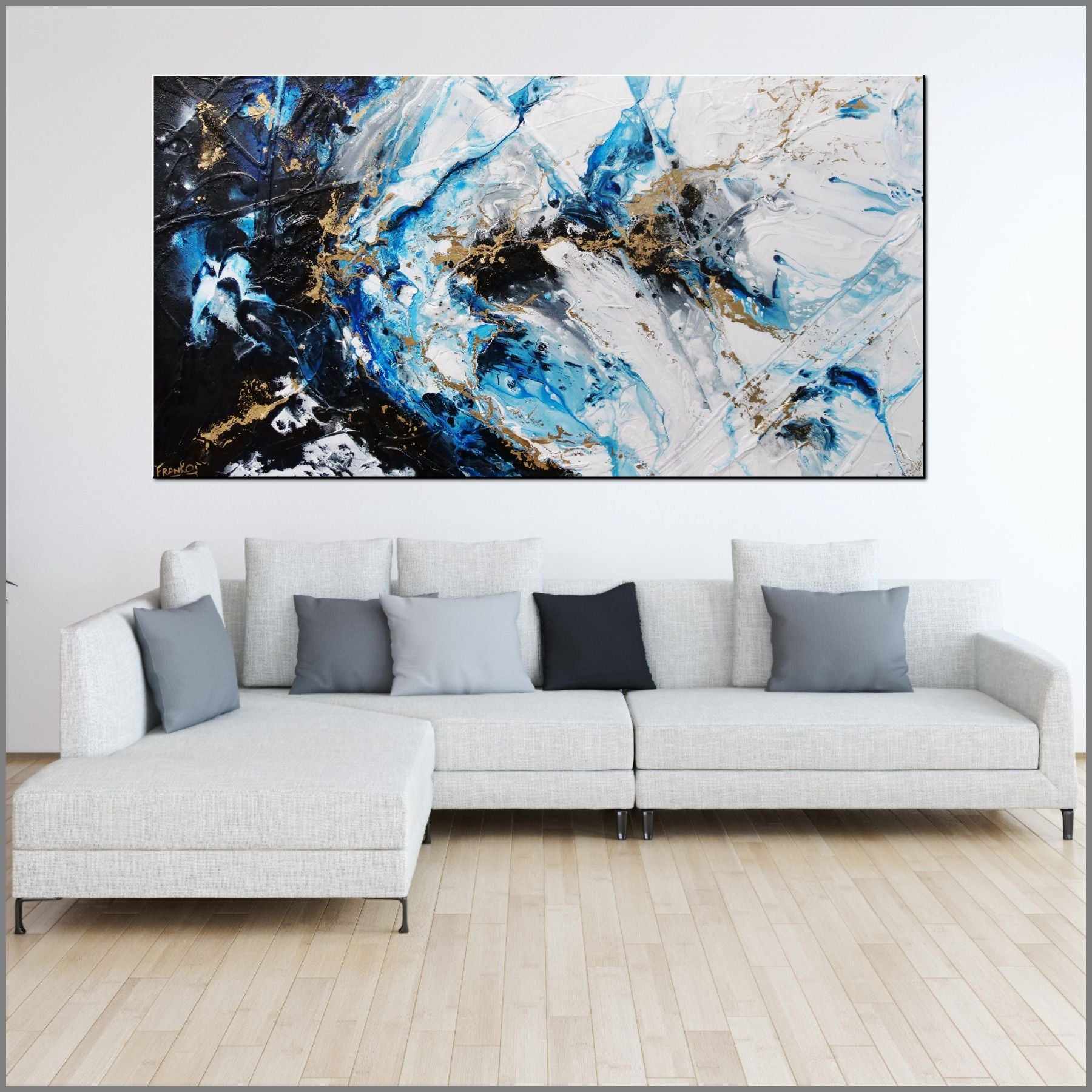 Golden Midnight 190cm x 100cm Gold Blue Black Textured Abstract Canvas Wall Art - Modern Home Decor for Living Room, Bedroom & Office