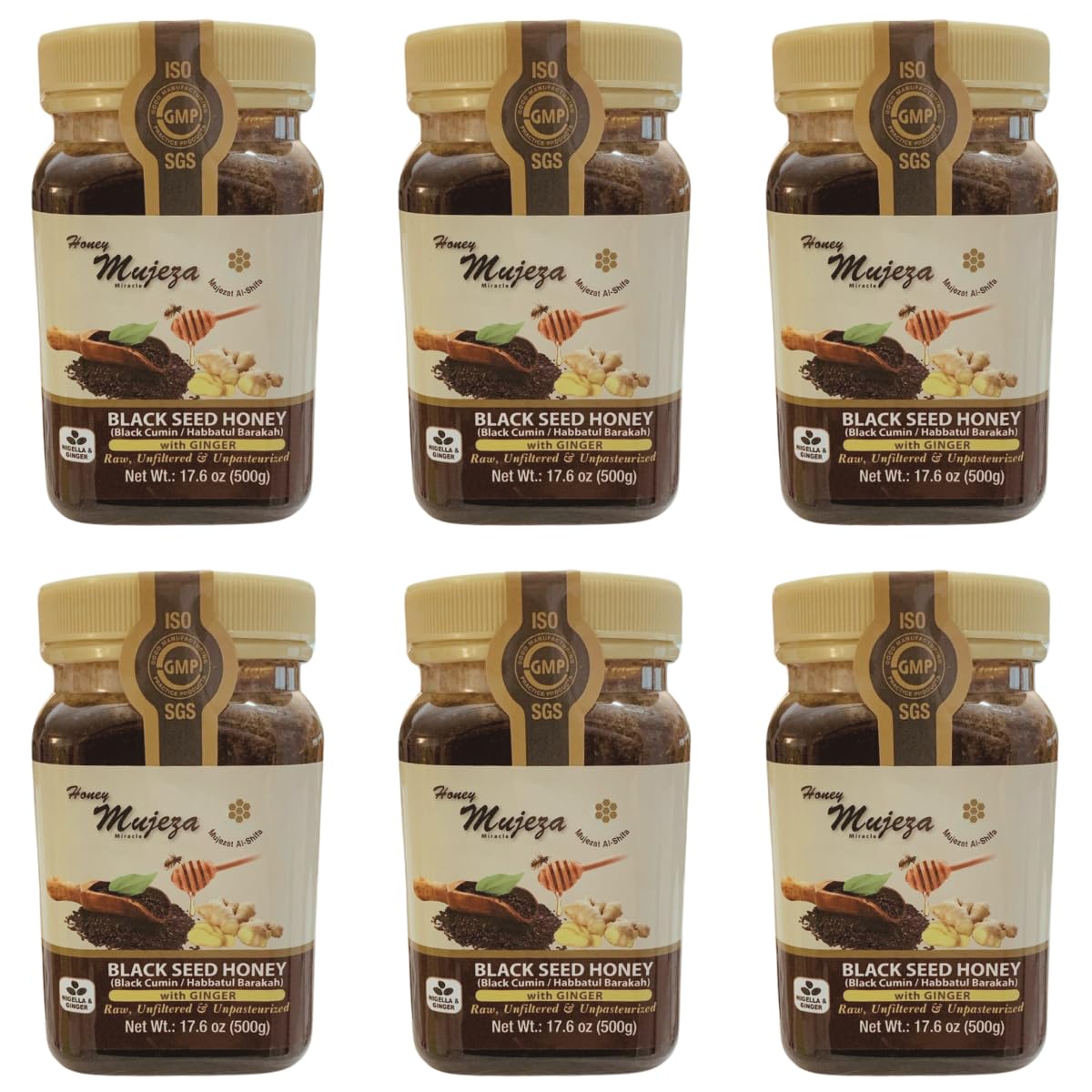 Premium Raw Black Seed Honey with Fresh Ginger Juice - 100% Natural, Unheated, Unfiltered, Unprocessed (Pack of 6, 500g/17.6oz) - Mujezat Al-Shifa - Perfect for Immune Support, Wellness Drinks & Natural Remedies