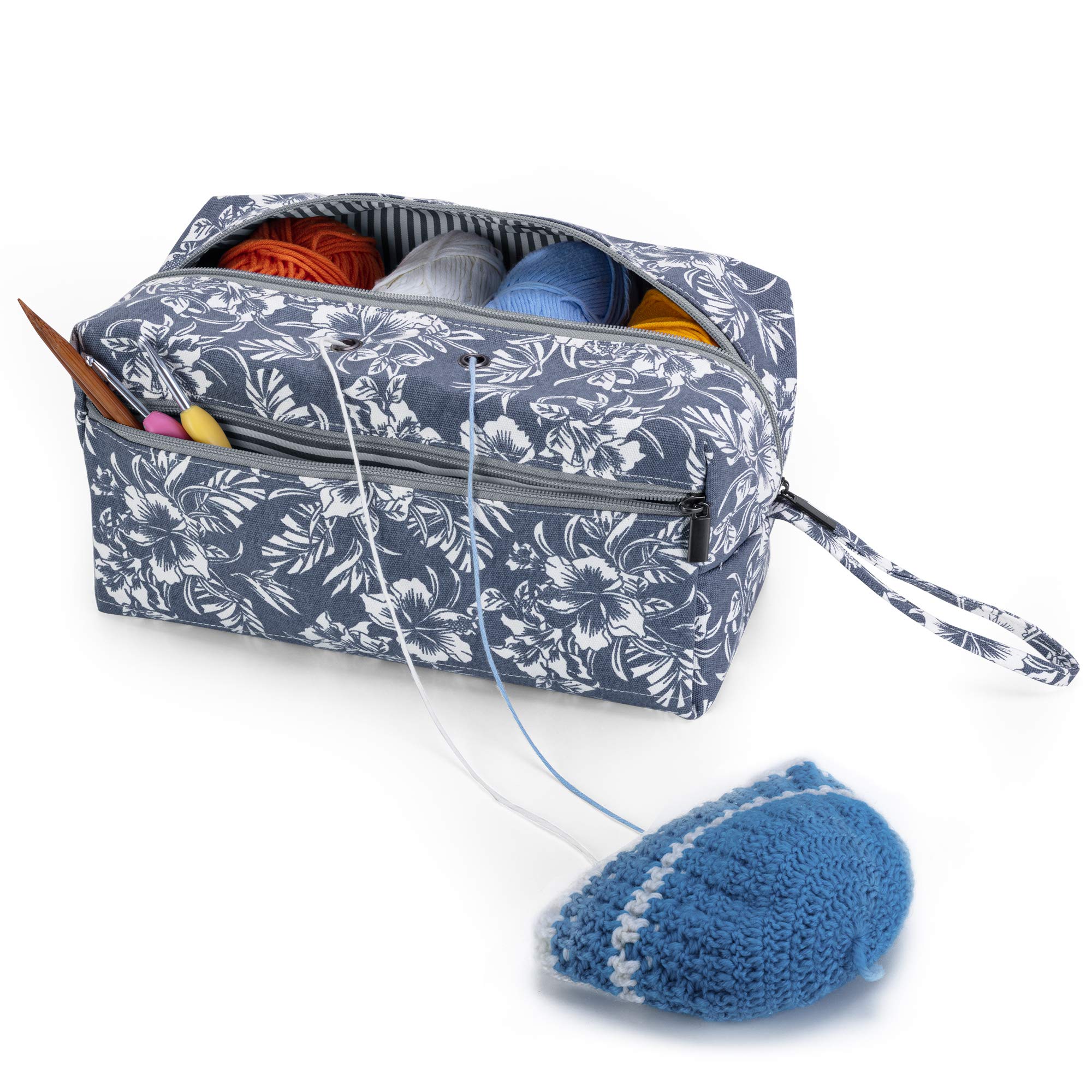 Luxja Large Knitting Yarn Storage Bag with Flowers - Organizer for Crochet Hooks, Knitting Needles (up to 10 Inches) & Craft Supplies - Perfect for Knitters, Crocheters & DIY Enthusiasts at Home or On-The-Go