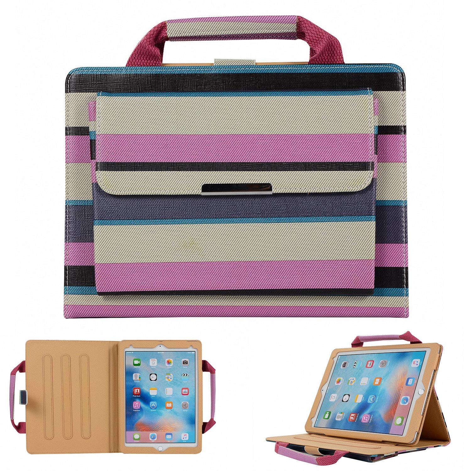 Slim Synthetic Leather iPad 9.7 Case with Hand Strap & Multi-Angle Stand - Auto Sleep/Wake - Compatible with iPad 9.7 (2017/2018), iPad Air 2/1, iPad Pro 9.7 - Stylish Pink Women's Handbag Design - Perfect for Work, Travel & Everyday Use