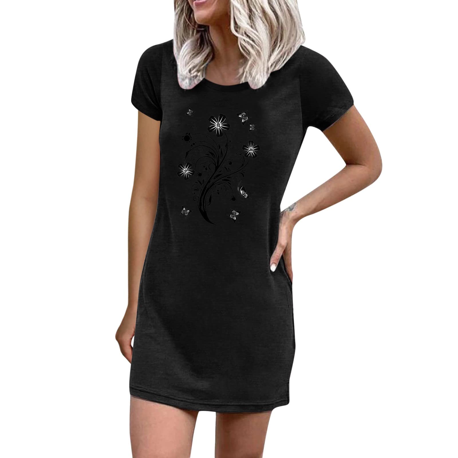 Women's Casual Floral Print Crew Neck T-Shirt Dress - Short Sleeve Loose Fit Summer Dress for Outings, Beach & Daily Wear