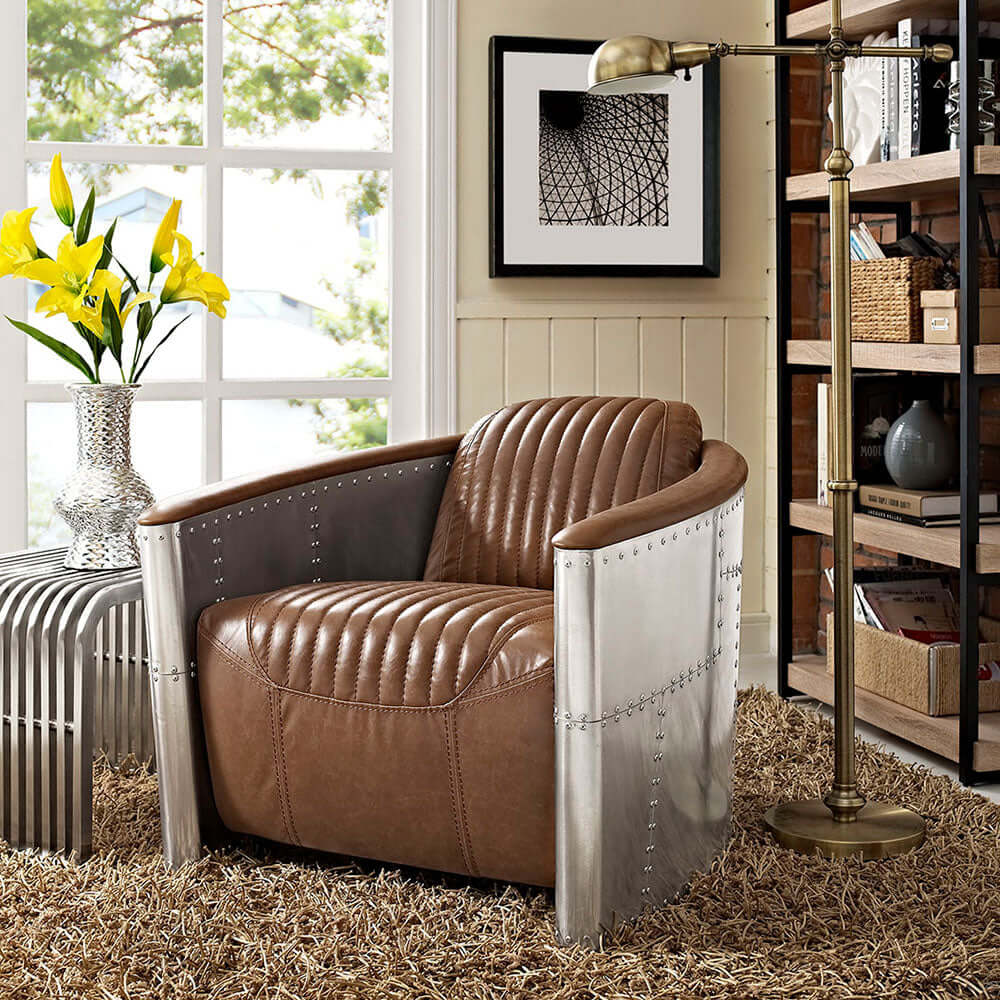 Industrial Loft Style Black Barrel Accent Chair - Genuine PU Leather Upholstered Modern Lounge Chair for Living Room, Office or Reading Nook