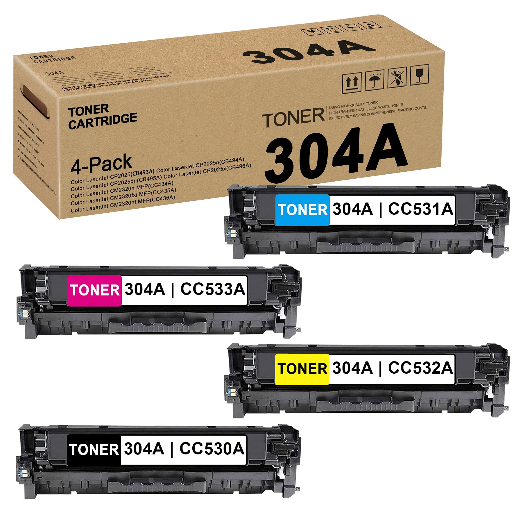 4-Pack 304A | CC530A CC531A CC533A CC532A Compatible Toner Cartridge Replacement for HP Color CM2320n(CC434A) CM2320nf MFP(CC436A) CP2025(CB493A) CP2025x(CB496A) Printers - High Yield Printing for Office & Home Use