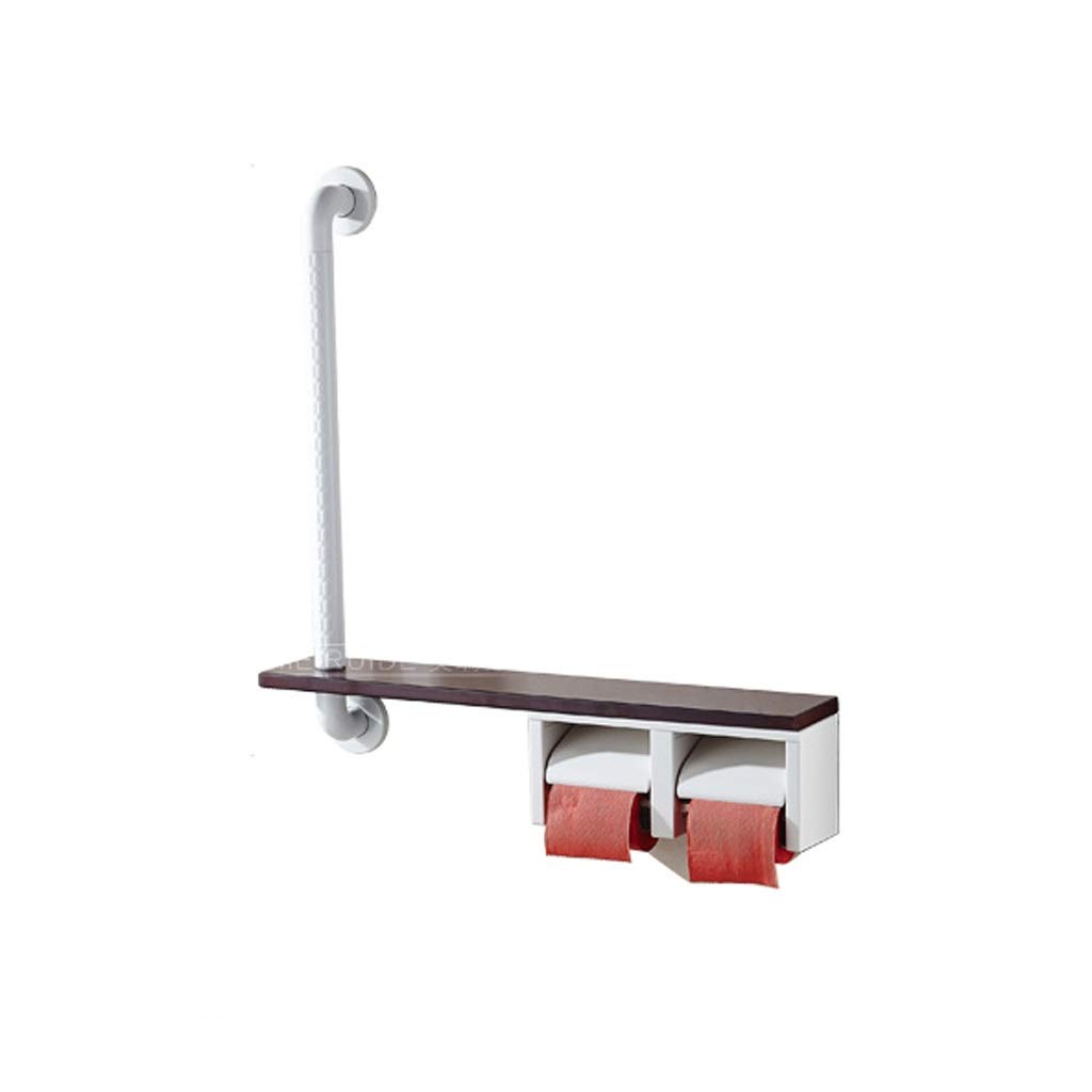 JYJ Wall-Mounted Shower Safety Grab Bar - L-Shaped Bathroom Handrail with Double Paper Towel Holder & Toilet Roll Tissue Box (670x660mm) - Non-Slip Brown Grab Bar for Elderly & Disabled Bathroom Safety - Ideal for Barrier-Free Bathrooms, Wet Rooms & Accessible Showers