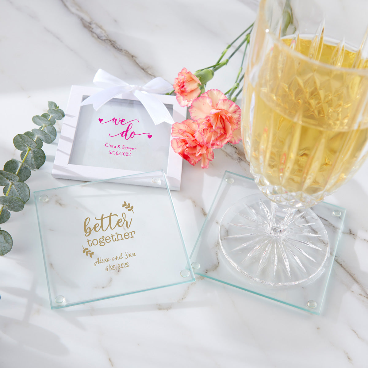 Custom Engraved Glass Coasters Set of 4 - Personalized Drink Coasters for Home Bar, Wedding Gifts & Housewarming - Elegant Glass Drink Coasters for Coffee Table, Office Desk & Party Decor