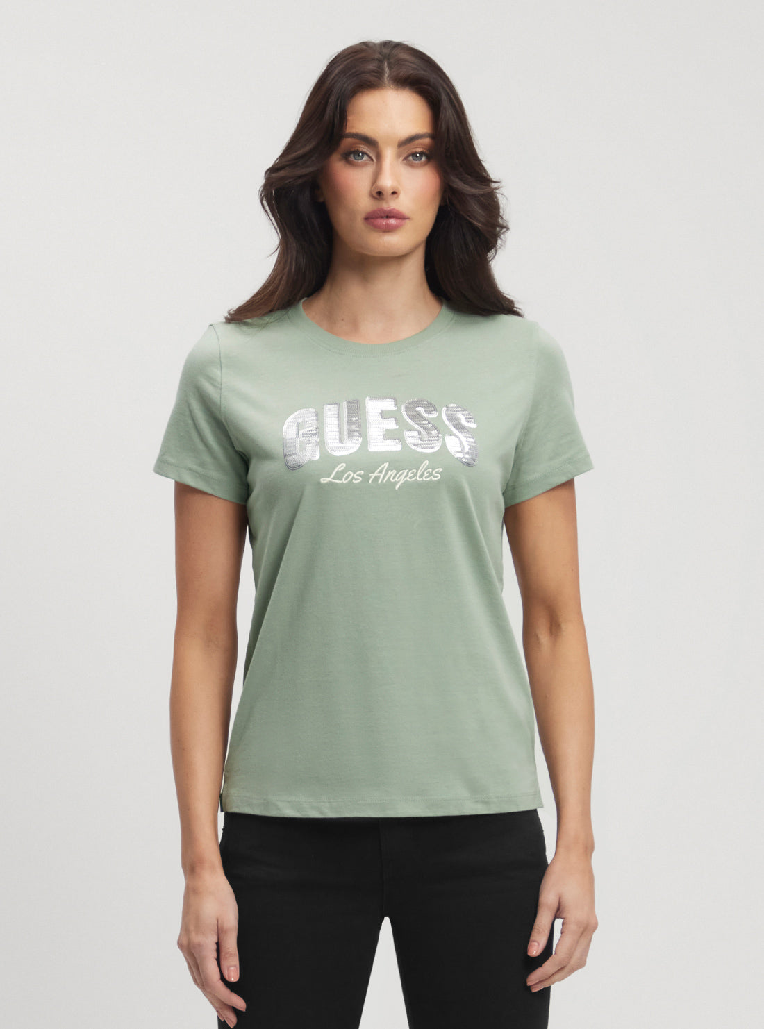 Eco-Friendly Green Sequins Logo T-Shirt for Women - Sustainable Fashion for Casual Wear & Parties