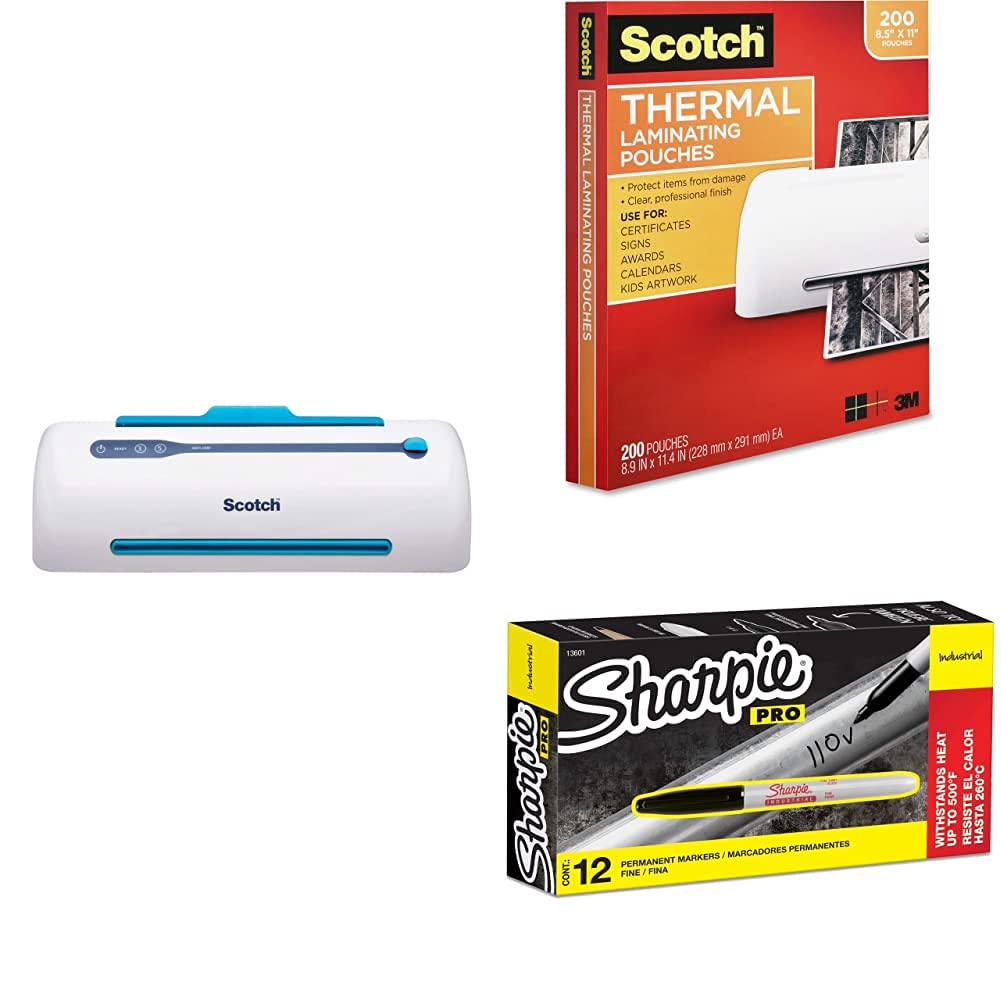 Scotch PRO Thermal Laminator Machine with 2 Roller System - Includes 50 Thermal Laminating Pouches & Sharpie Industrial Permanent Markers - Perfect for Office, School, Home DIY Projects and Document Protection