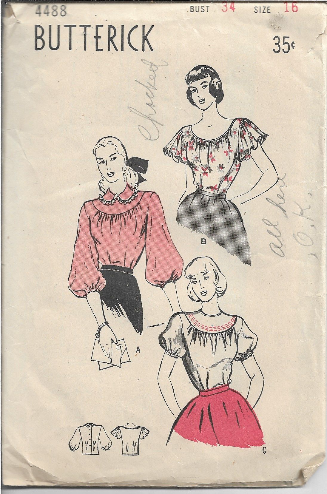 Vintage 1940s Ladies Blouse Sewing Pattern - Butterick 4488 Retro Dressmaking Design for Costume Parties & Historical Reenactments