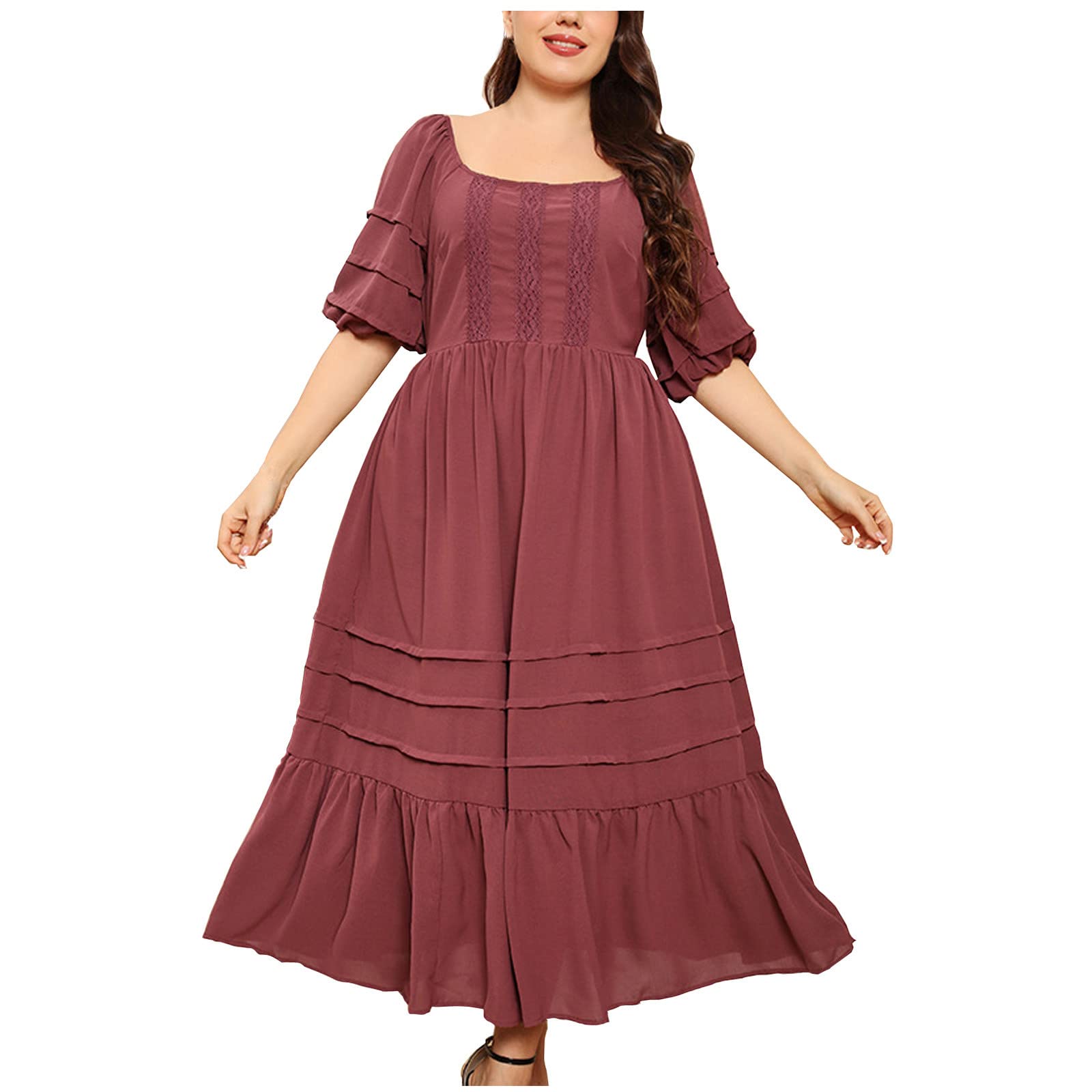 Elegant Plus Size Wedding Guest Dress - Ruched Square Neck Maxi with Lantern Sleeves, Pleated Swing Design for Summer Events | Perfect for Bridal Showers, Garden Parties & Formal Occasions